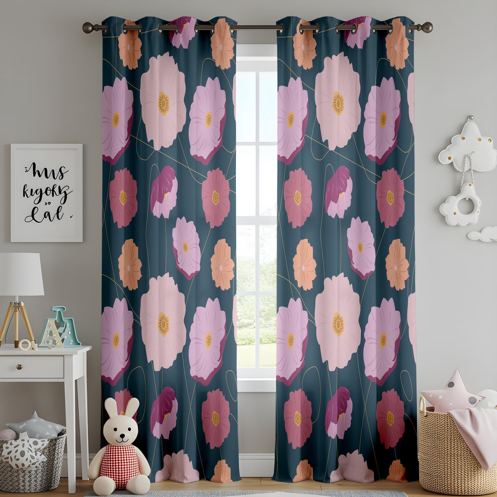 Onay Colorful Floral Living Room Curtains, Teal Background with Pink and Peach Flowers