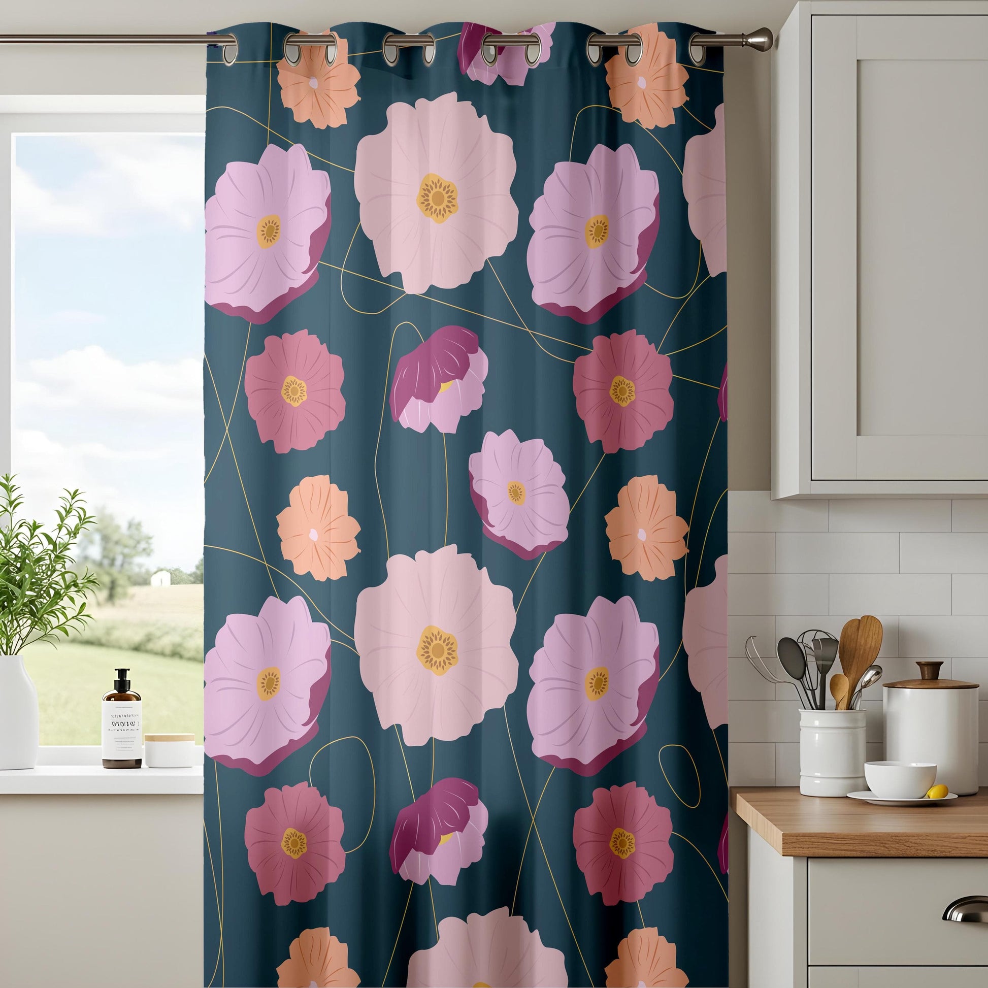 Onay Colorful Floral Living Room Curtains, Teal Background with Pink and Peach Flowers