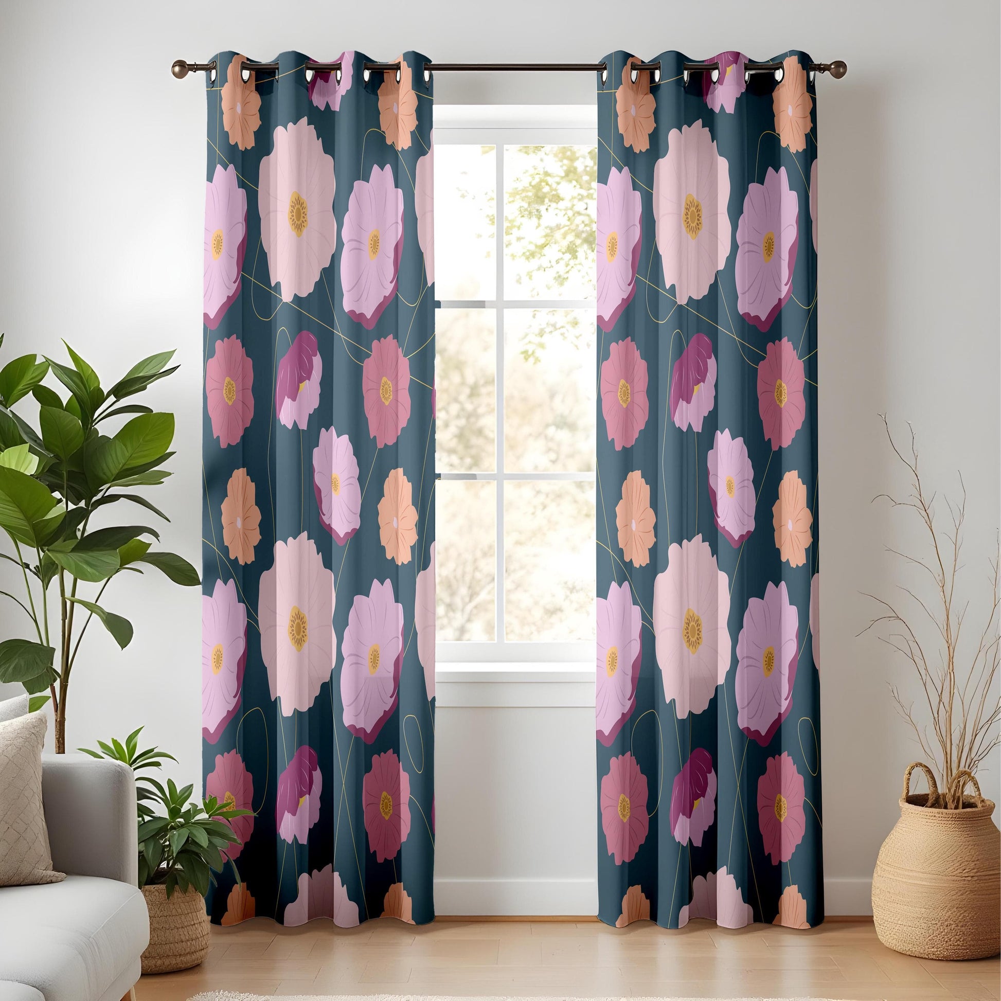Onay Colorful Floral Living Room Curtains, Teal Background with Pink and Peach Flowers