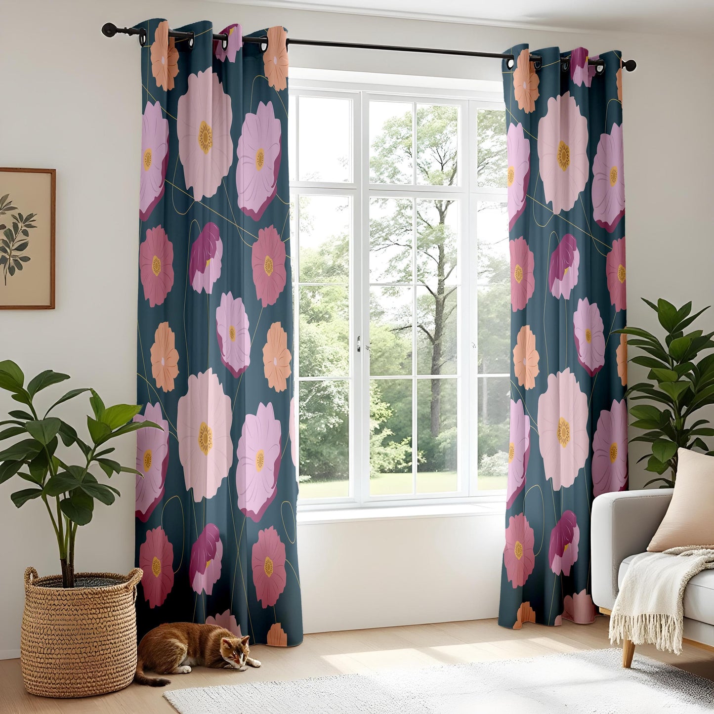 Onay Colorful Floral Living Room Curtains, Teal Background with Pink and Peach Flowers