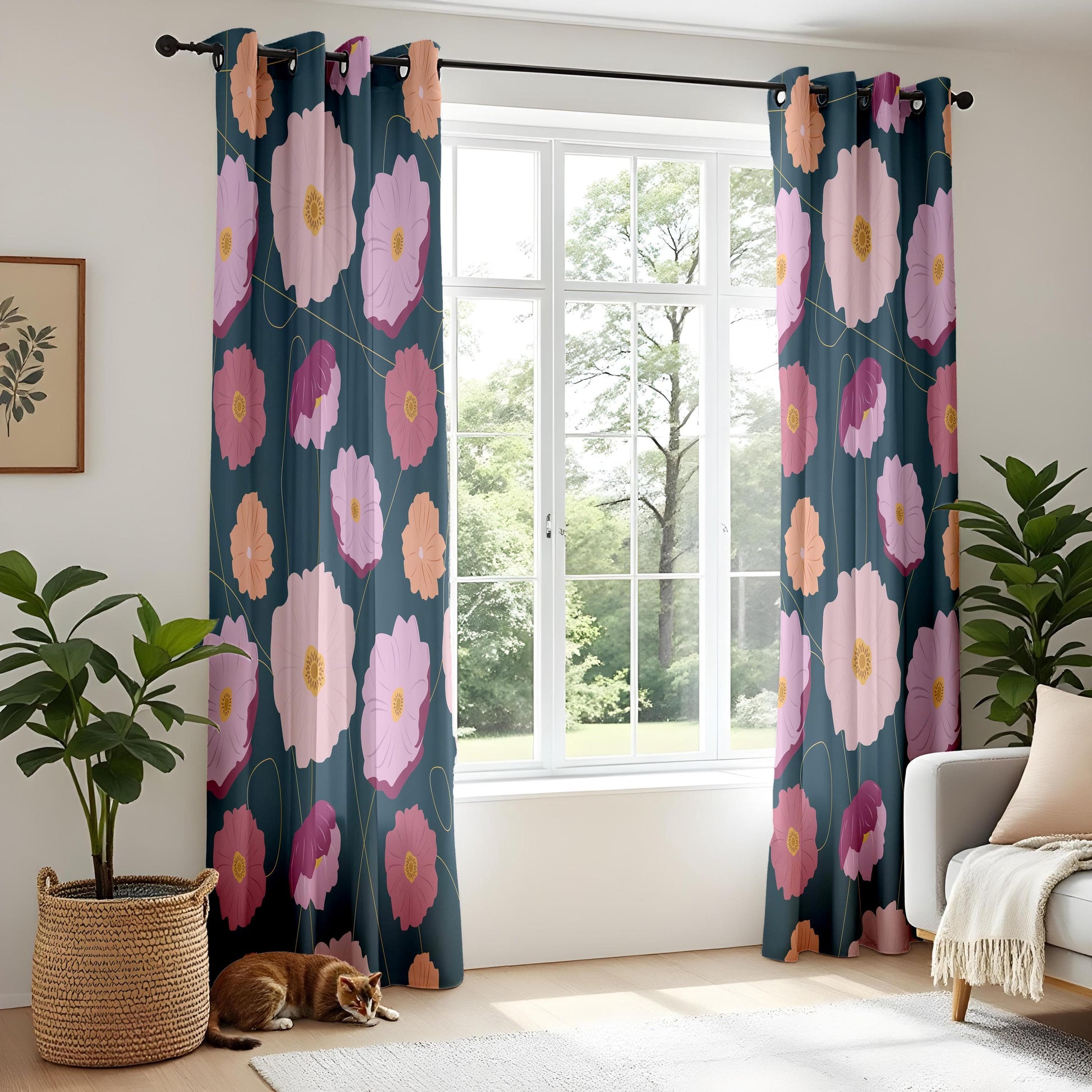 Onay Colorful Floral Living Room Curtains, Teal Background with Pink and Peach Flowers