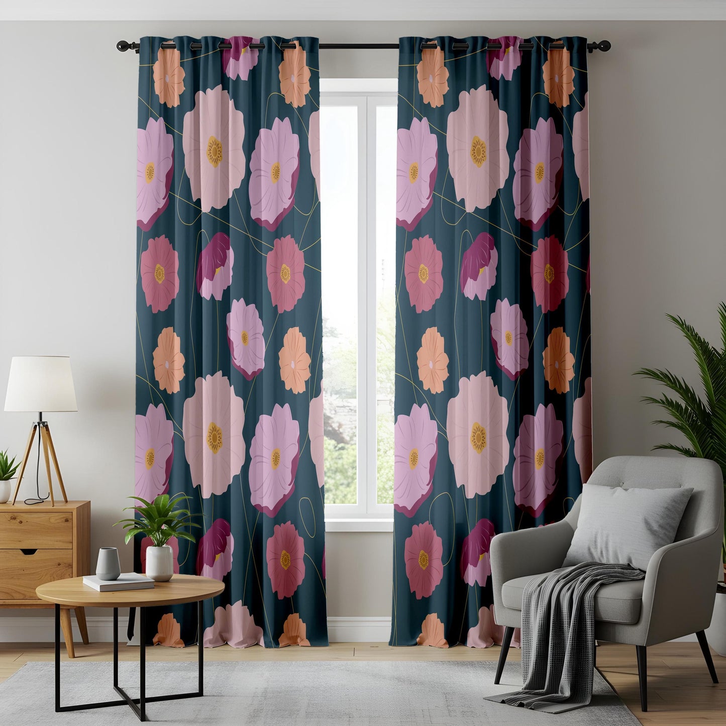 Onay Colorful Floral Living Room Curtains, Teal Background with Pink and Peach Flowers