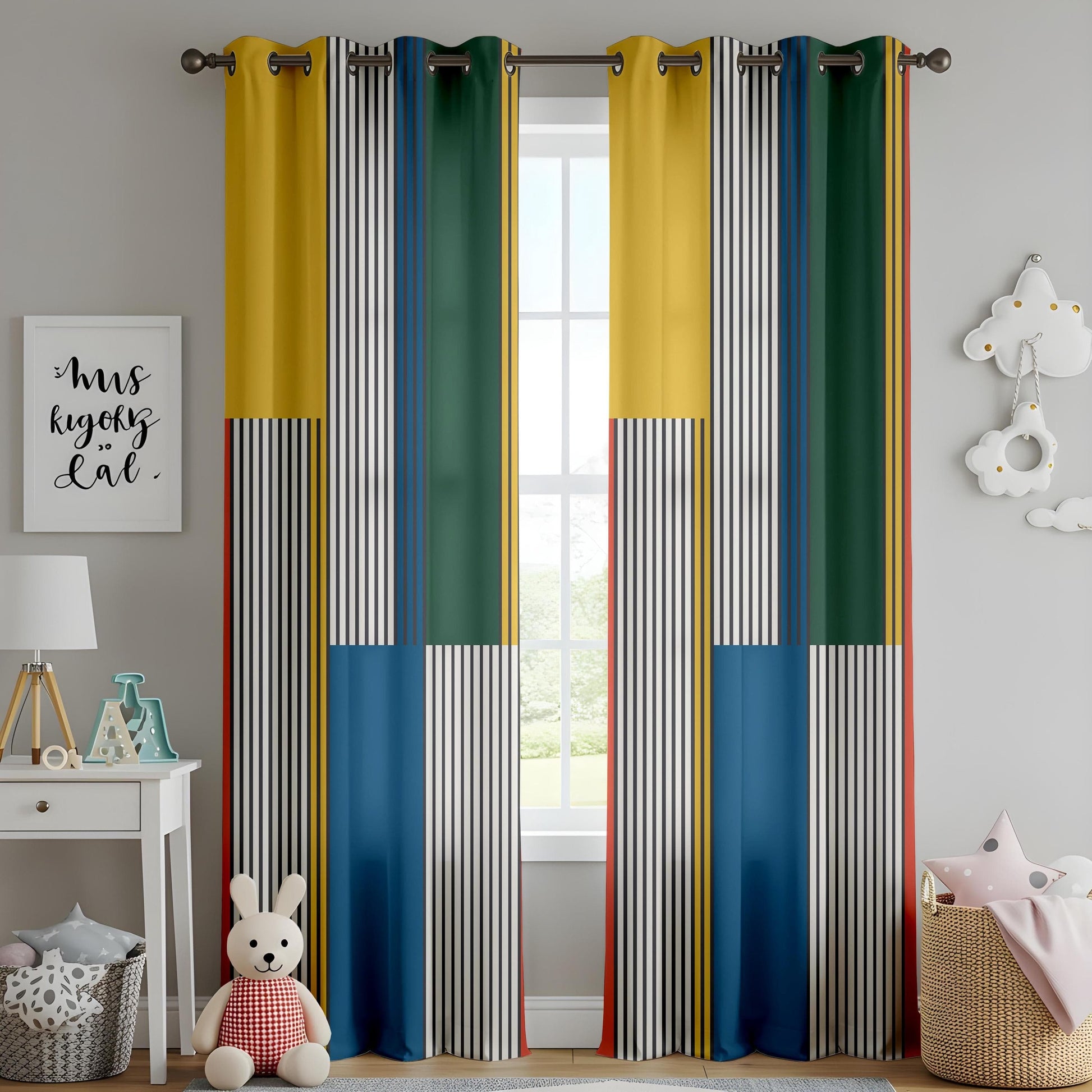 Onay Colorful Geometric Stripe Curtains – Multicolor Modern Drapes in Red, Yellow, Blue & Green
