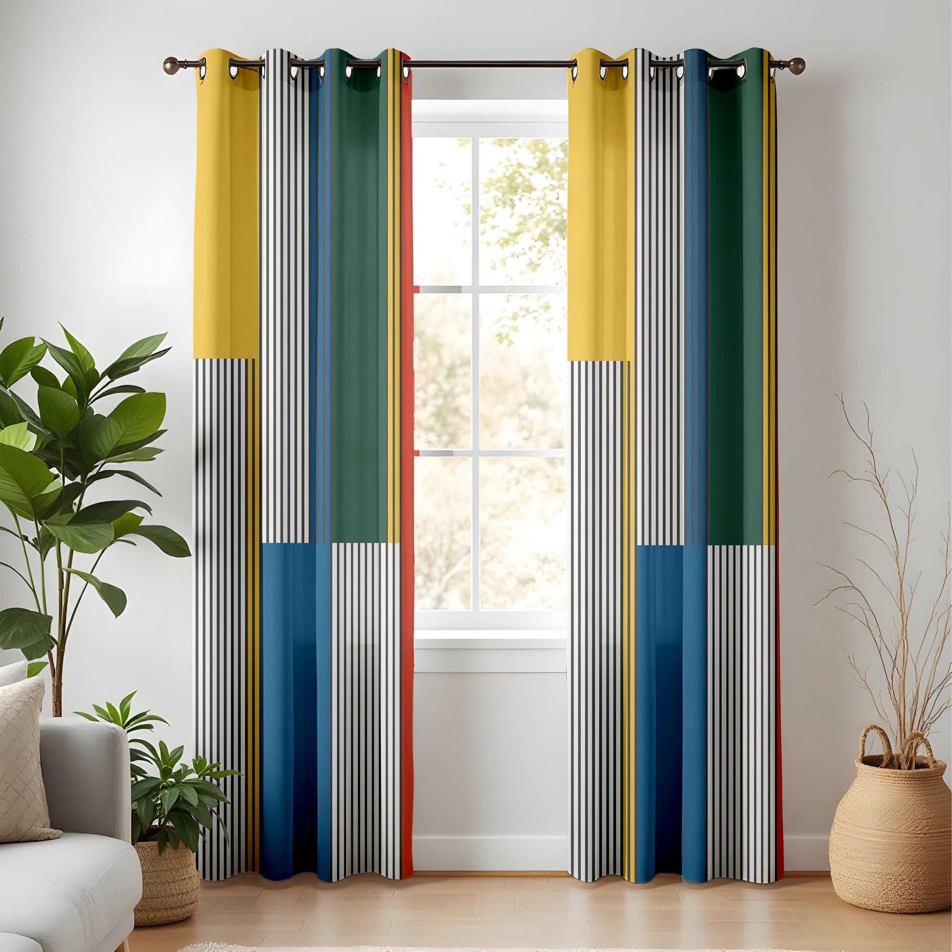 Onay Colorful Geometric Stripe Curtains – Multicolor Modern Drapes in Red, Yellow, Blue & Green
