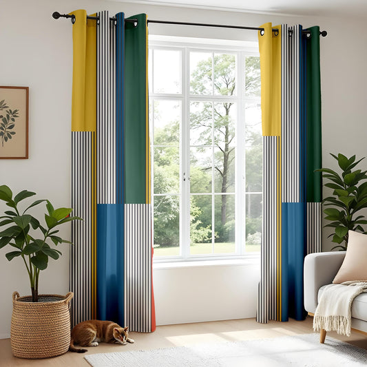 Onay Colorful Geometric Stripe Curtains – Multicolor Modern Drapes in Red, Yellow, Blue & Green