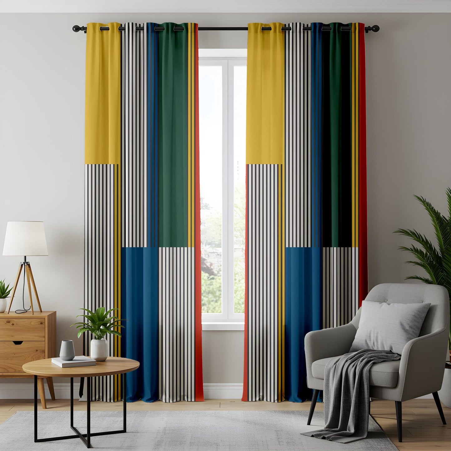 Onay Colorful Geometric Stripe Curtains – Multicolor Modern Drapes in Red, Yellow, Blue & Green
