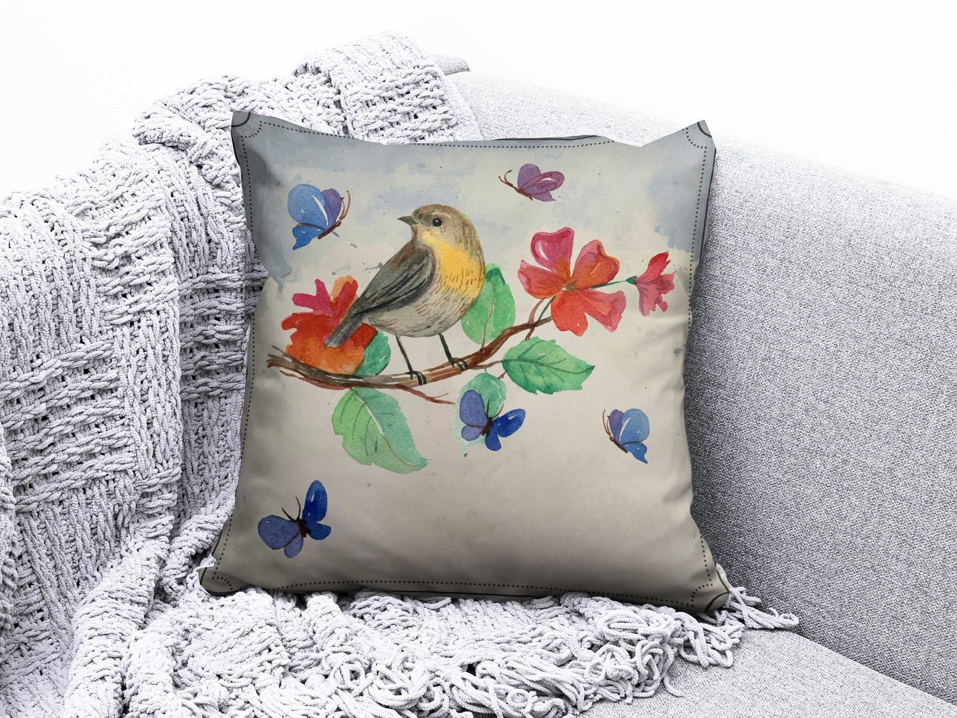 Onay Cushion Covers 3 / 12 x 12 inch (30 x 30 cm) Double Side Colorful Sparrow Goldfinch Robin Cushion Cover