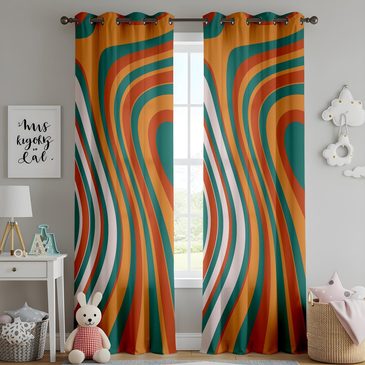 Onay Colorful Striped Curtains Green, Red, Orange & White Drapes for Modern Living
