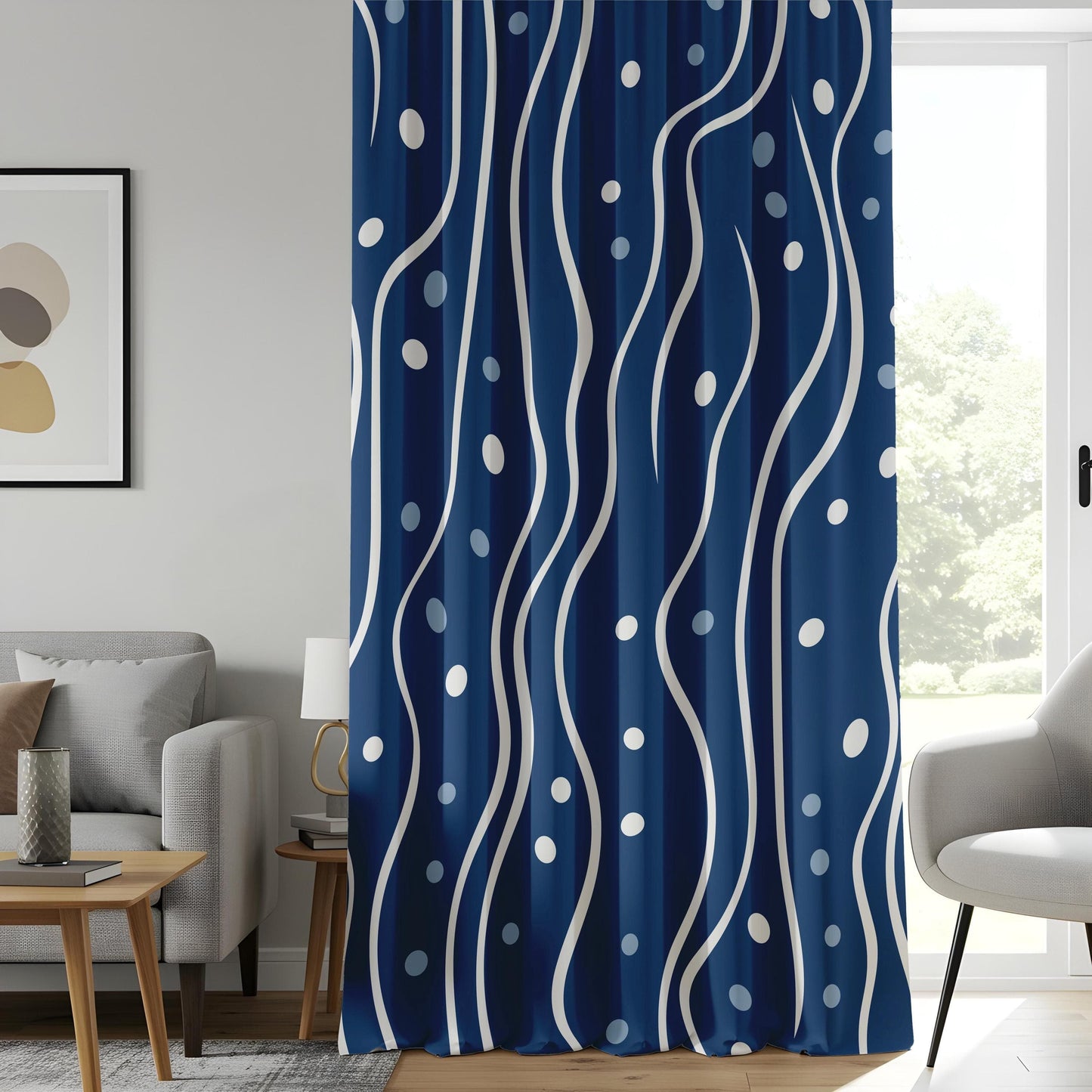 Onay Contemporary Wavy Line Curtains, Navy and White Dotted Pattern