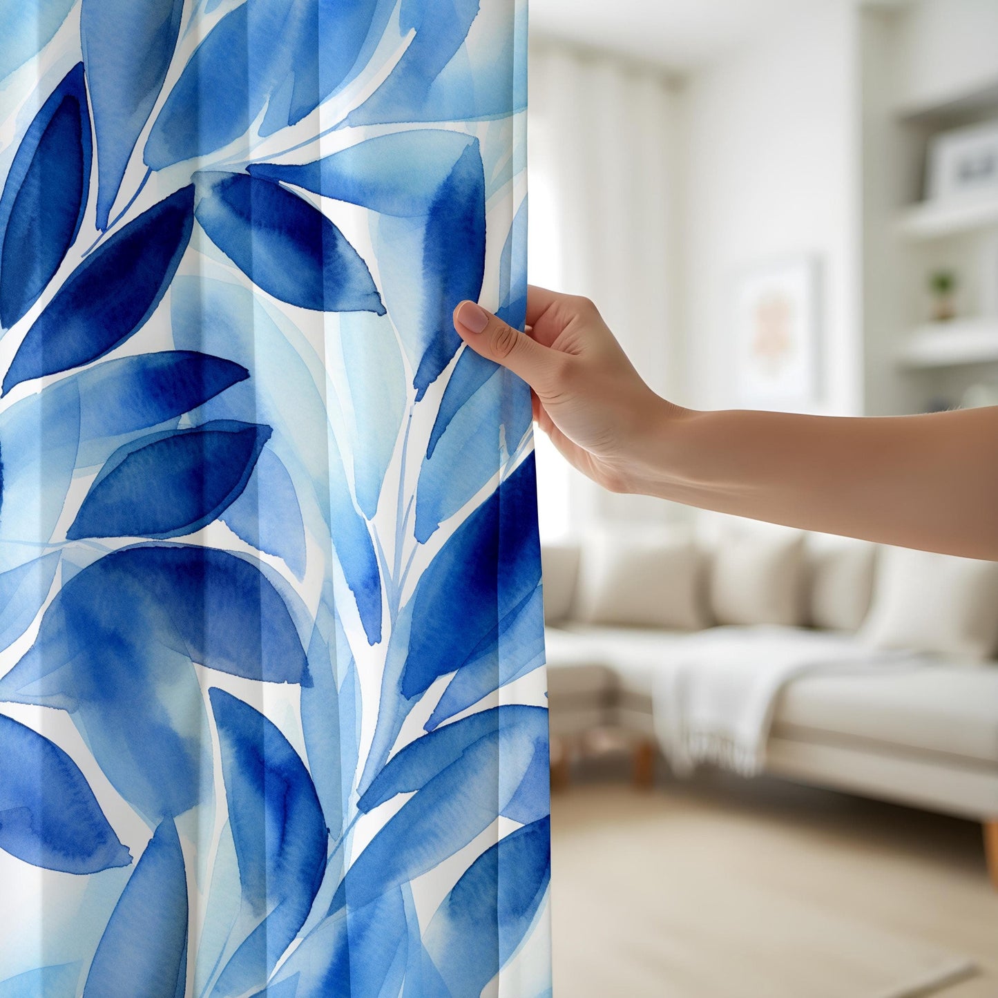 Onay Cool Breeze Leaf Pattern Window Curtains, Tranquil Blue Foliage Design
