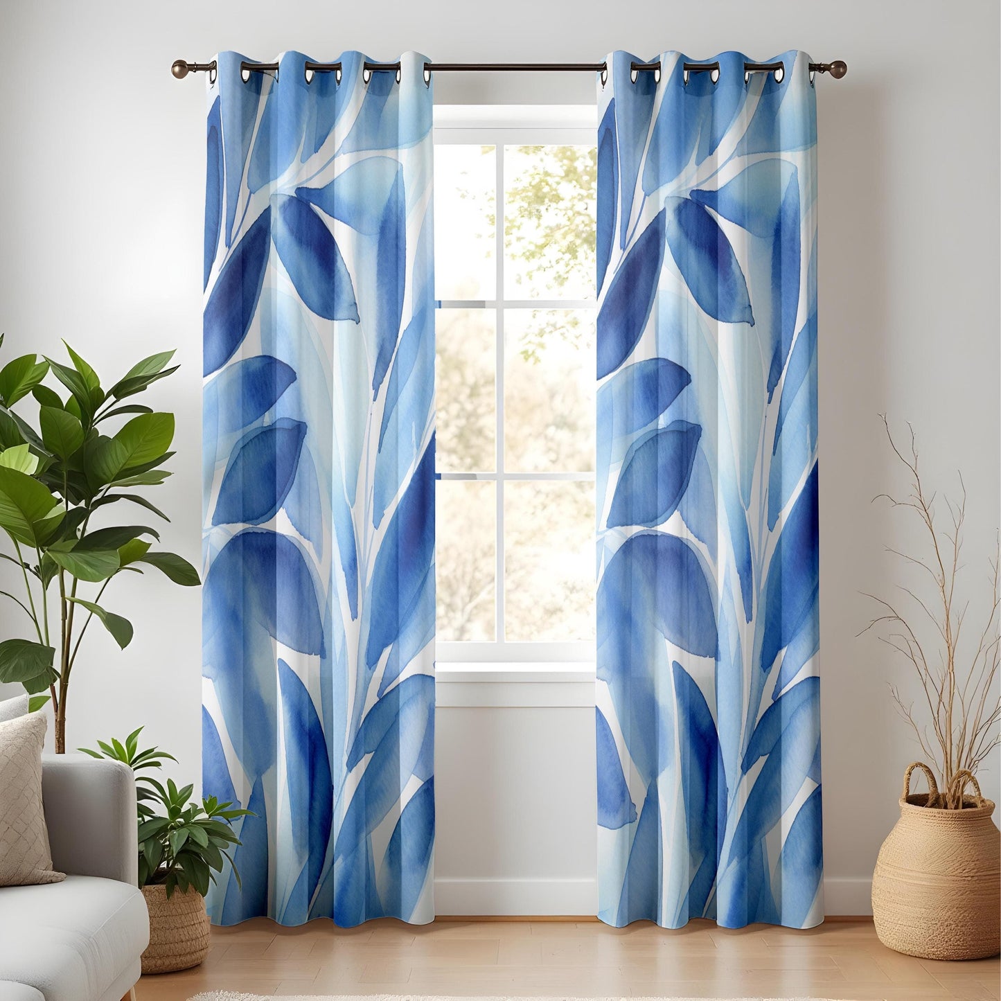 Onay Cool Breeze Leaf Pattern Window Curtains, Tranquil Blue Foliage Design