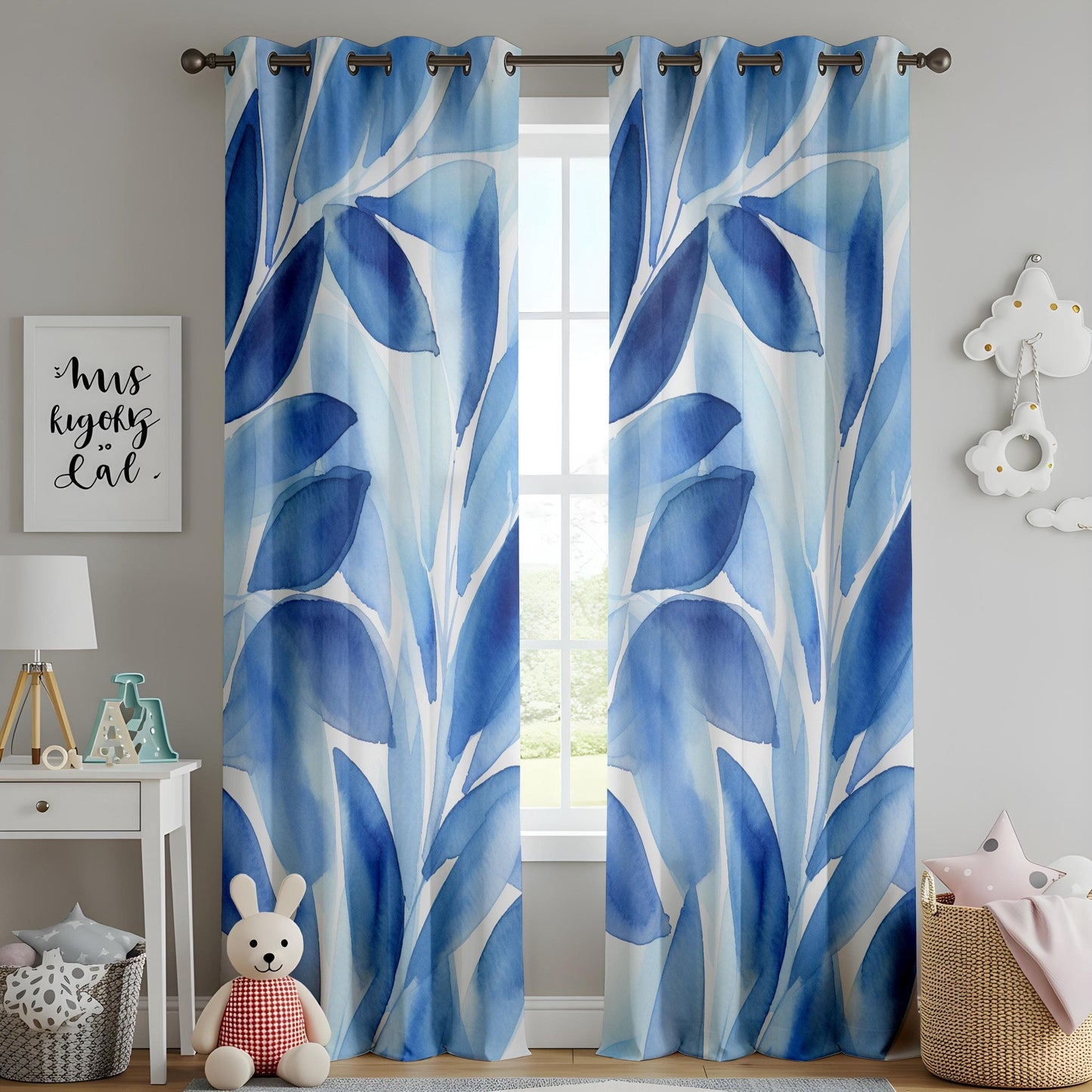 Onay Cool Breeze Leaf Pattern Window Curtains, Tranquil Blue Foliage Design