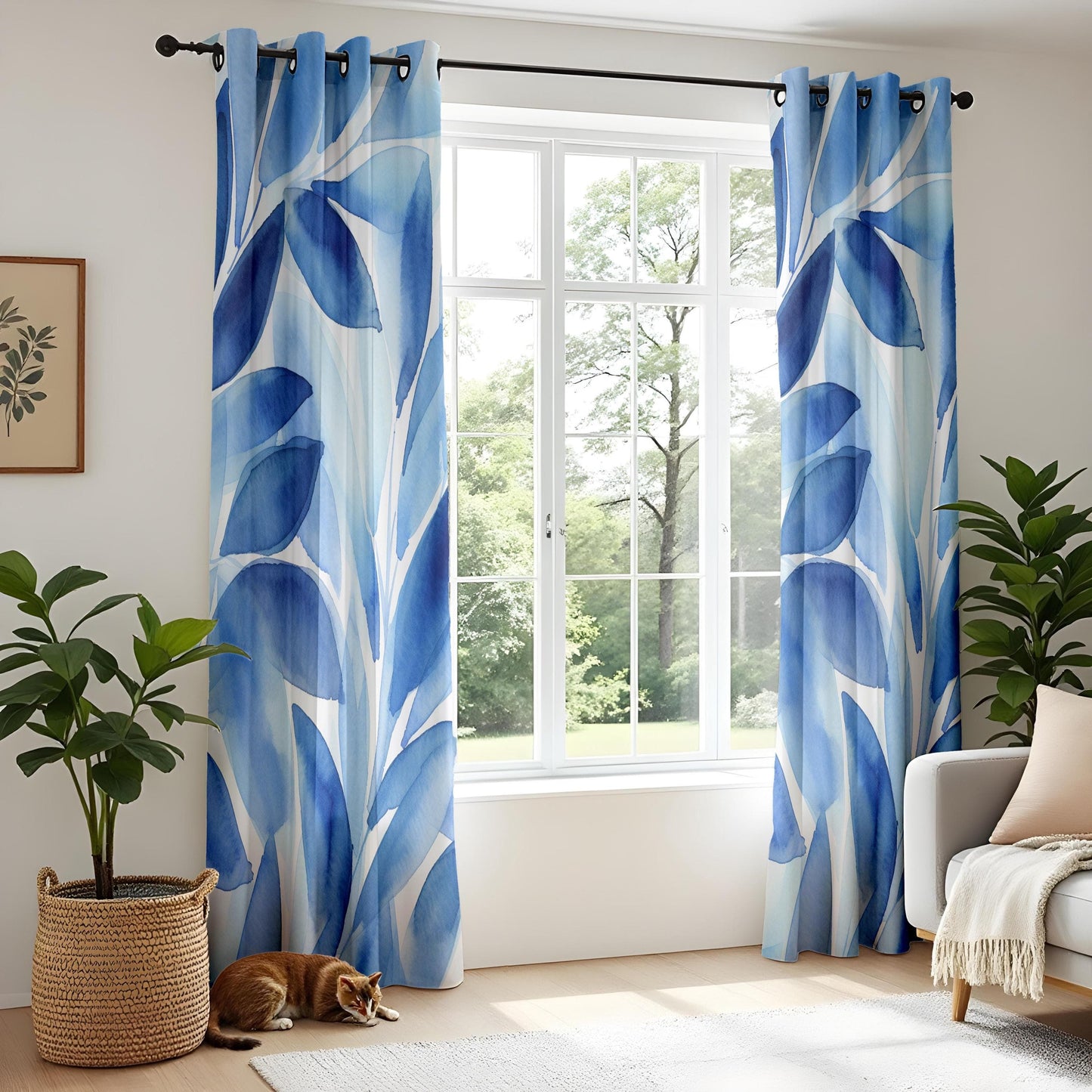 Onay Cool Breeze Leaf Pattern Window Curtains, Tranquil Blue Foliage Design