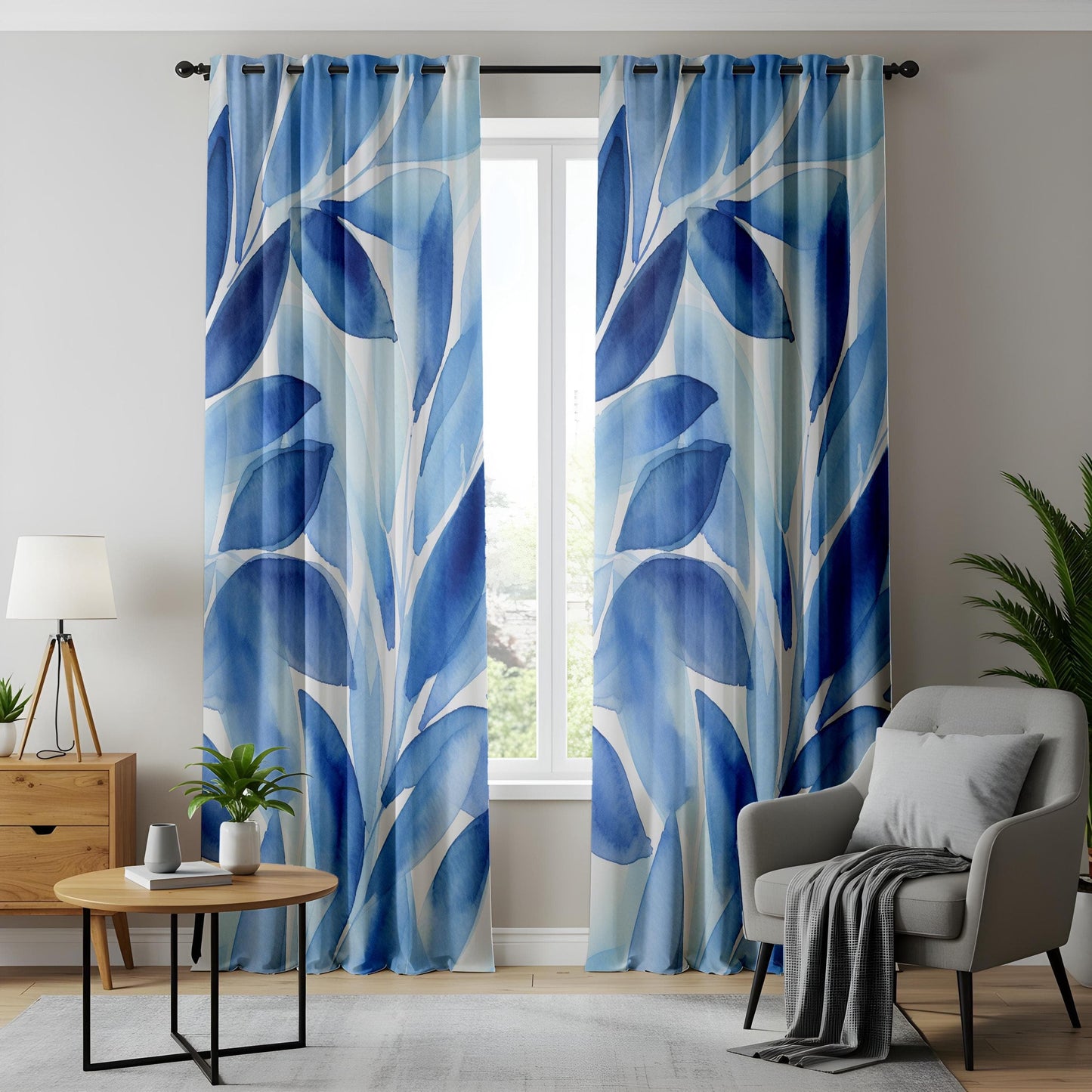 Onay Cool Breeze Leaf Pattern Window Curtains, Tranquil Blue Foliage Design