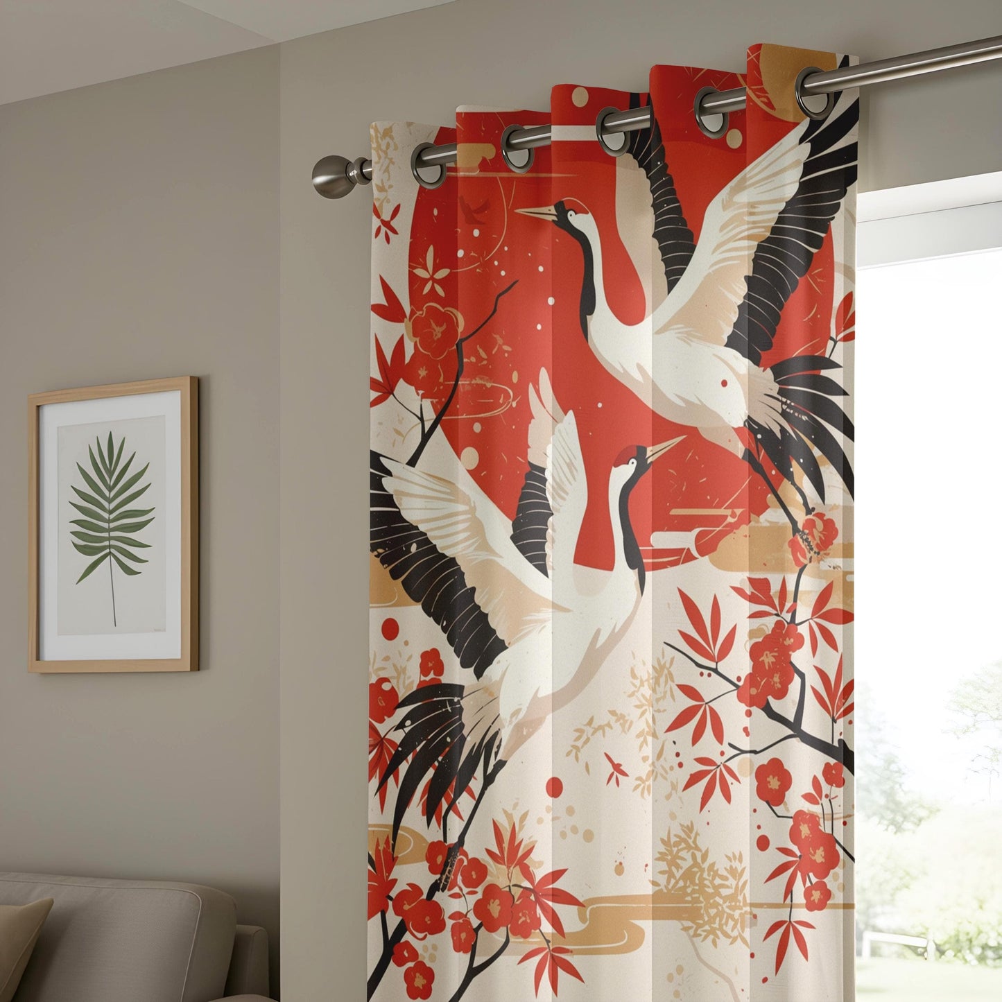 Onay Crane Window Curtains, Red & Gold Oriental Drapes, Elegant Nature-Inspired Home Decor