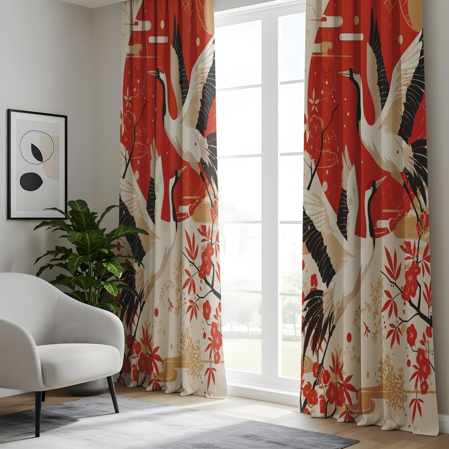 Onay Crane Window Curtains, Red & Gold Oriental Drapes, Elegant Nature-Inspired Home Decor