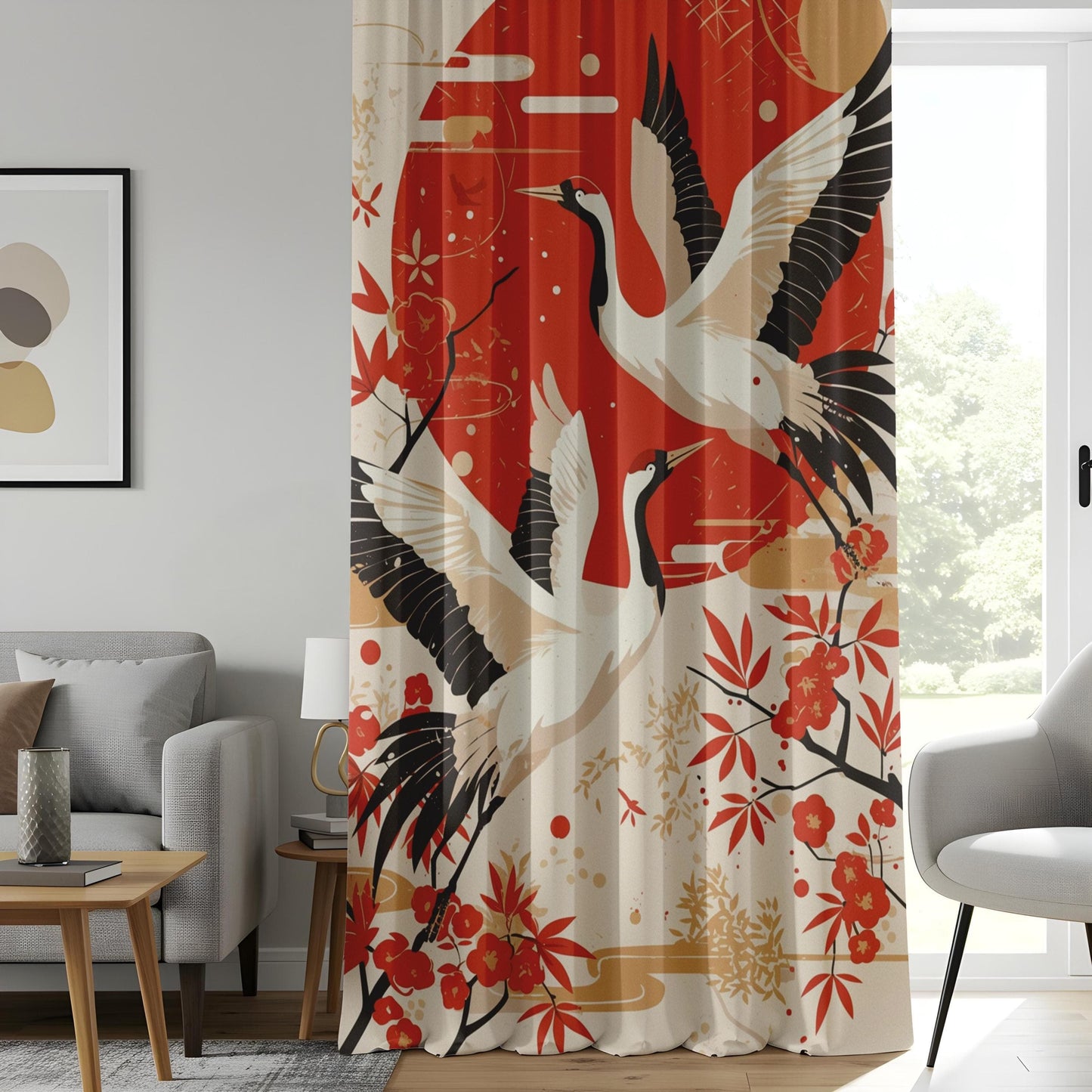 Onay Crane Window Curtains, Red & Gold Oriental Drapes, Elegant Nature-Inspired Home Decor
