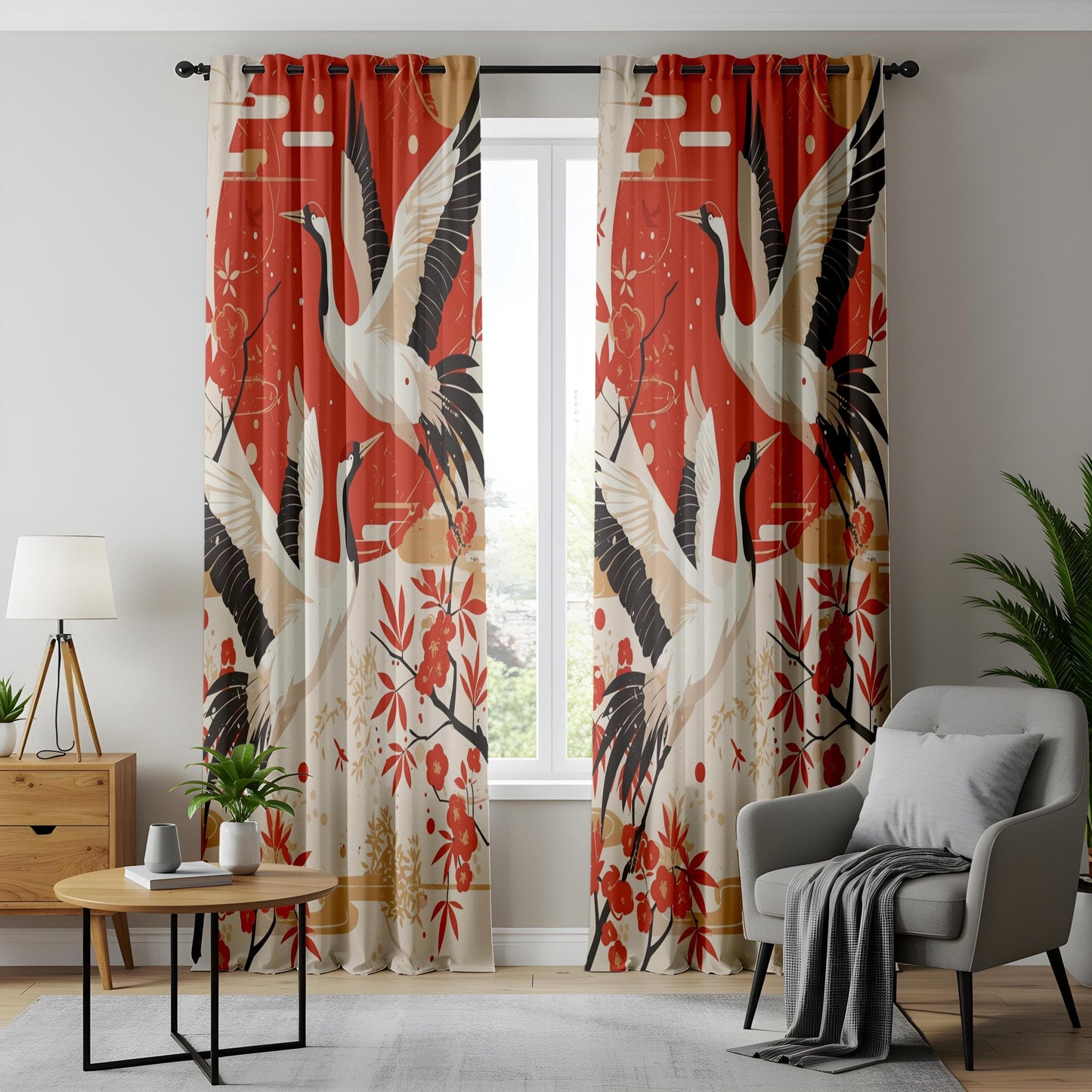 Onay Crane Window Curtains, Red & Gold Oriental Drapes, Elegant Nature-Inspired Home Decor