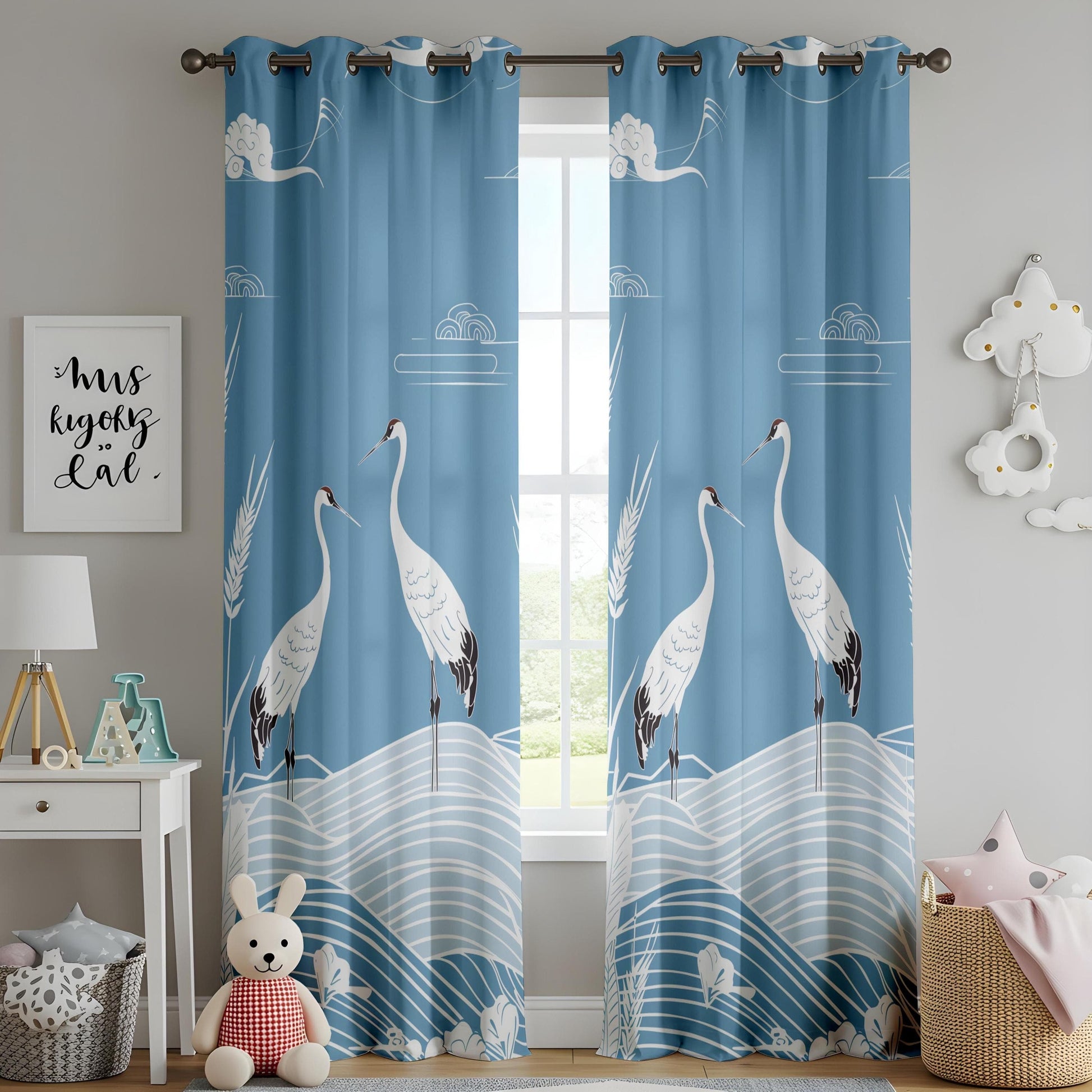 Onay Cranes and Clouds Curtains – Serene Blue Drapes with Artistic Bird Motifs