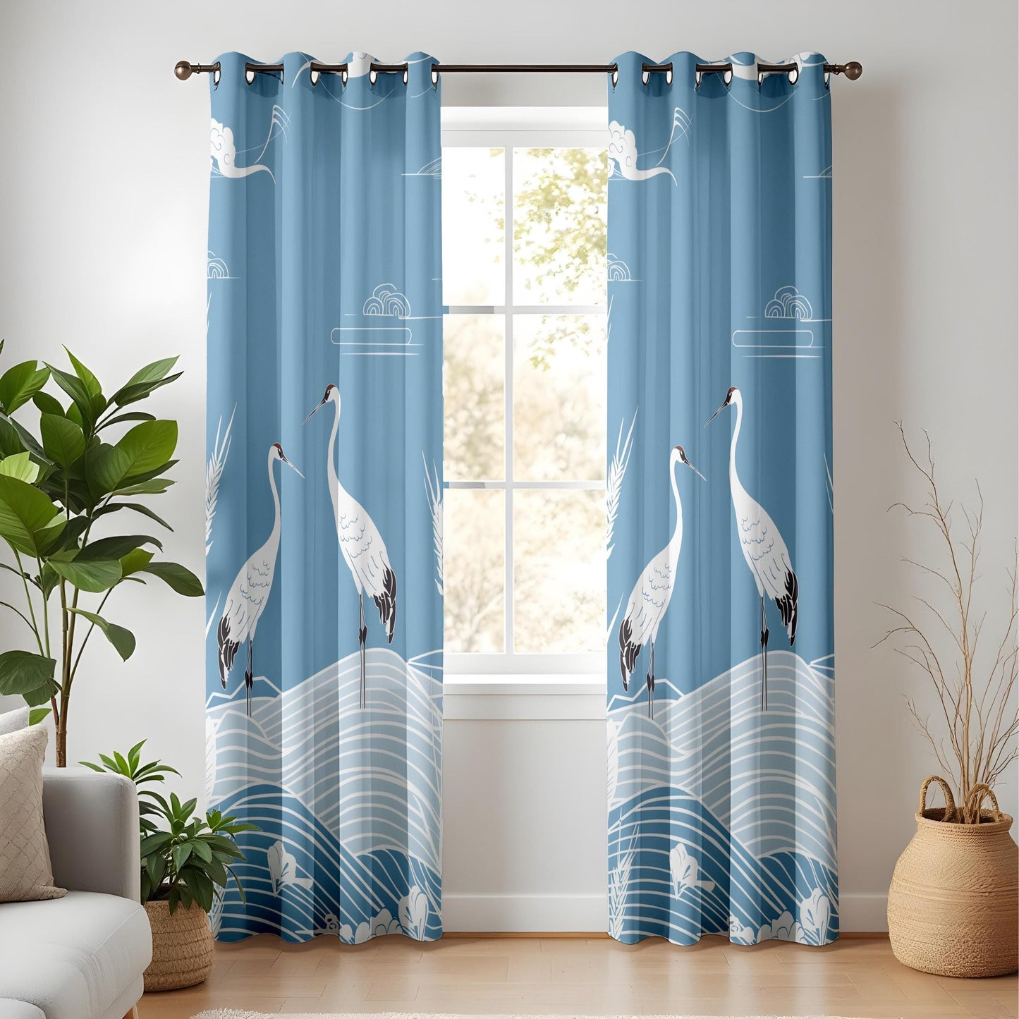 Onay Cranes and Clouds Curtains – Serene Blue Drapes with Artistic Bird Motifs