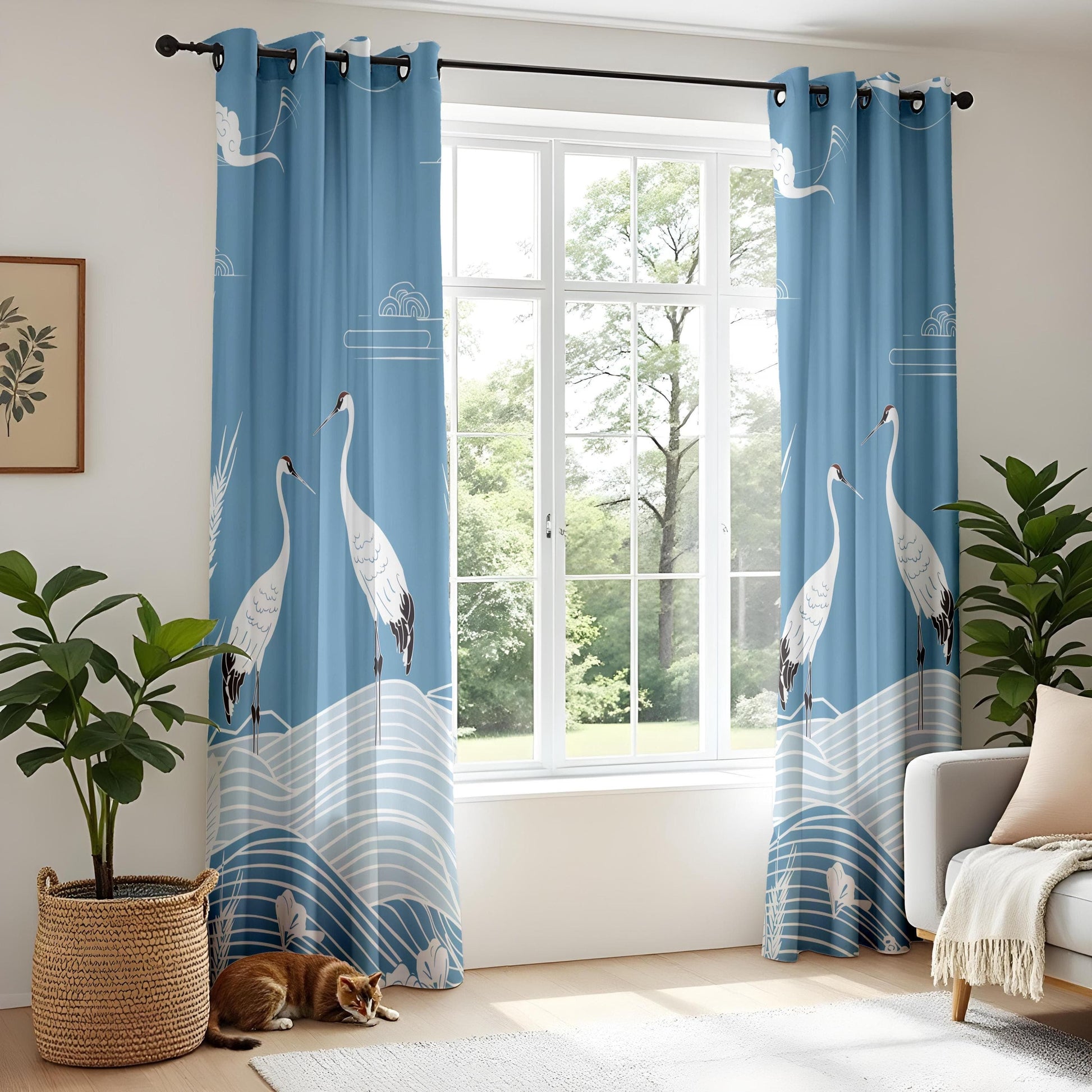 Onay Cranes and Clouds Curtains – Serene Blue Drapes with Artistic Bird Motifs