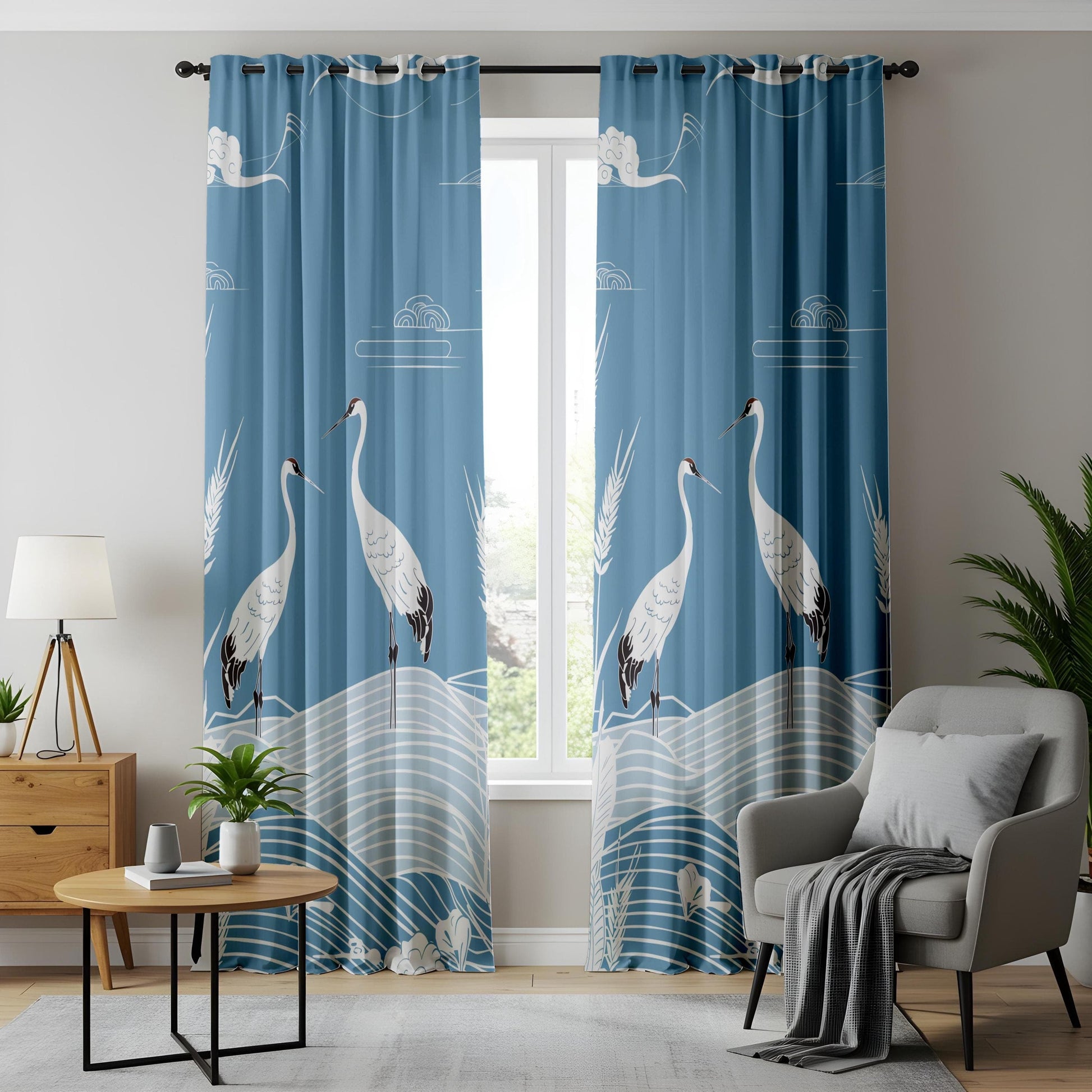 Onay Cranes and Clouds Curtains – Serene Blue Drapes with Artistic Bird Motifs