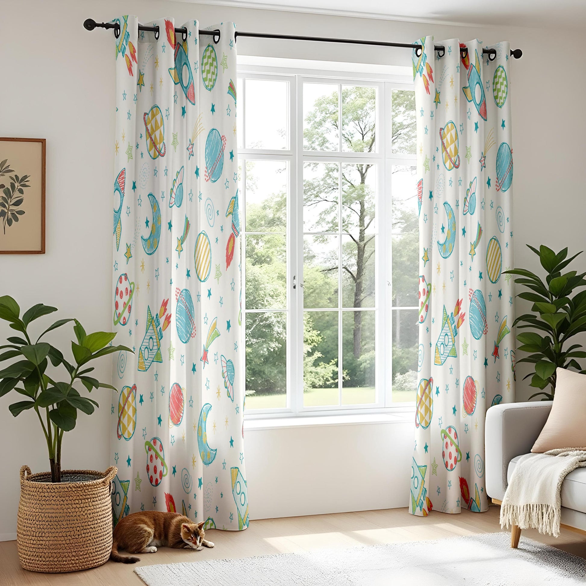 Onay Curtain for Closet Green Panels, Kids Room Rocket Drapes, Outer Space Window Curtains