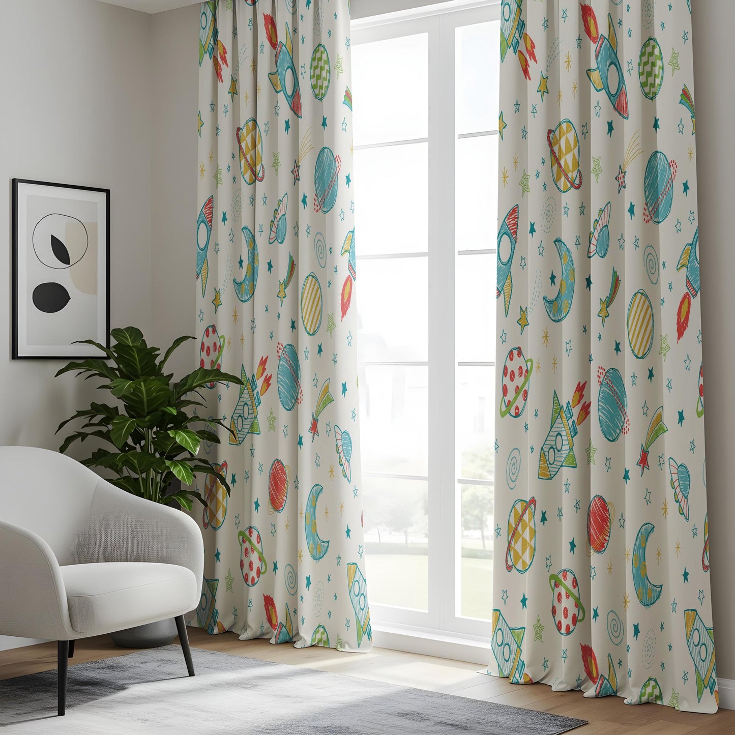 Onay Curtain for Closet Green Panels, Kids Room Rocket Drapes, Outer Space Window Curtains