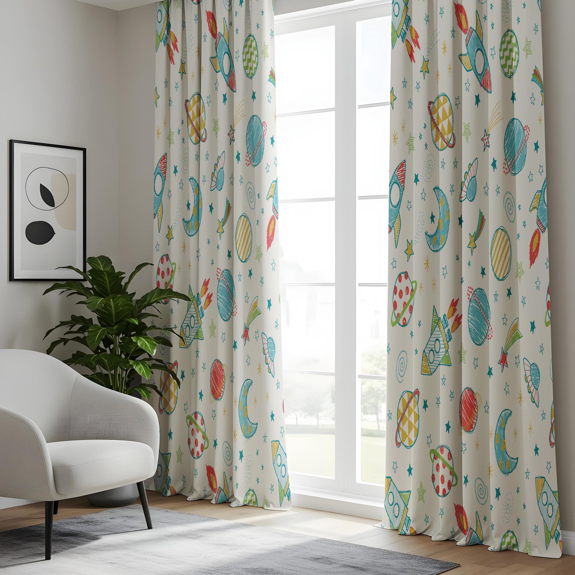 Onay Curtain for Closet Green Panels, Kids Room Rocket Drapes, Outer Space Window Curtains