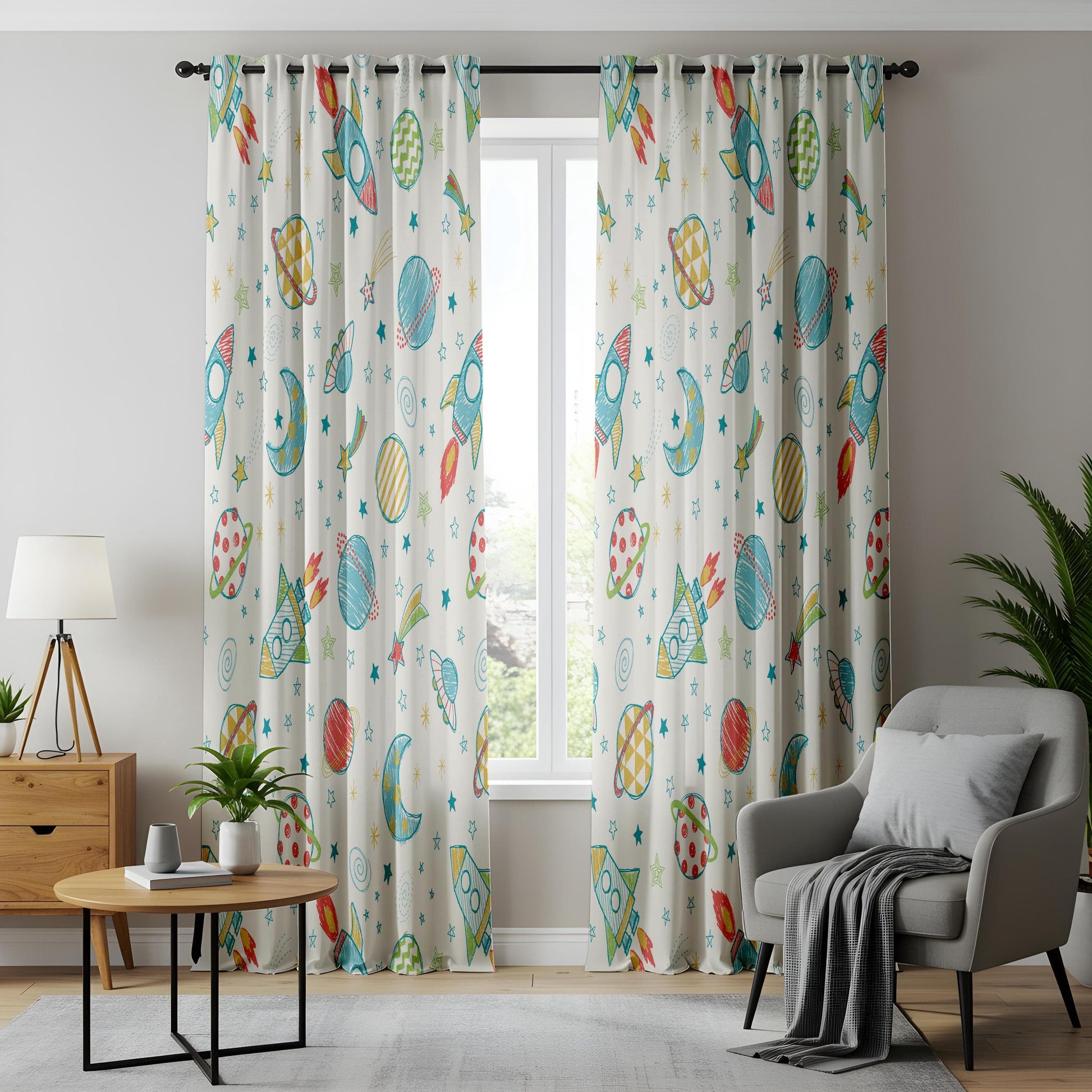 Onay Curtain for Closet Green Panels, Kids Room Rocket Drapes, Outer Space Window Curtains