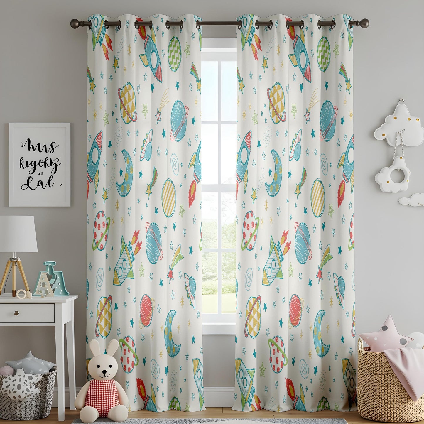 Onay Curtain for Closet Green Panels, Kids Room Rocket Drapes, Outer Space Window Curtains