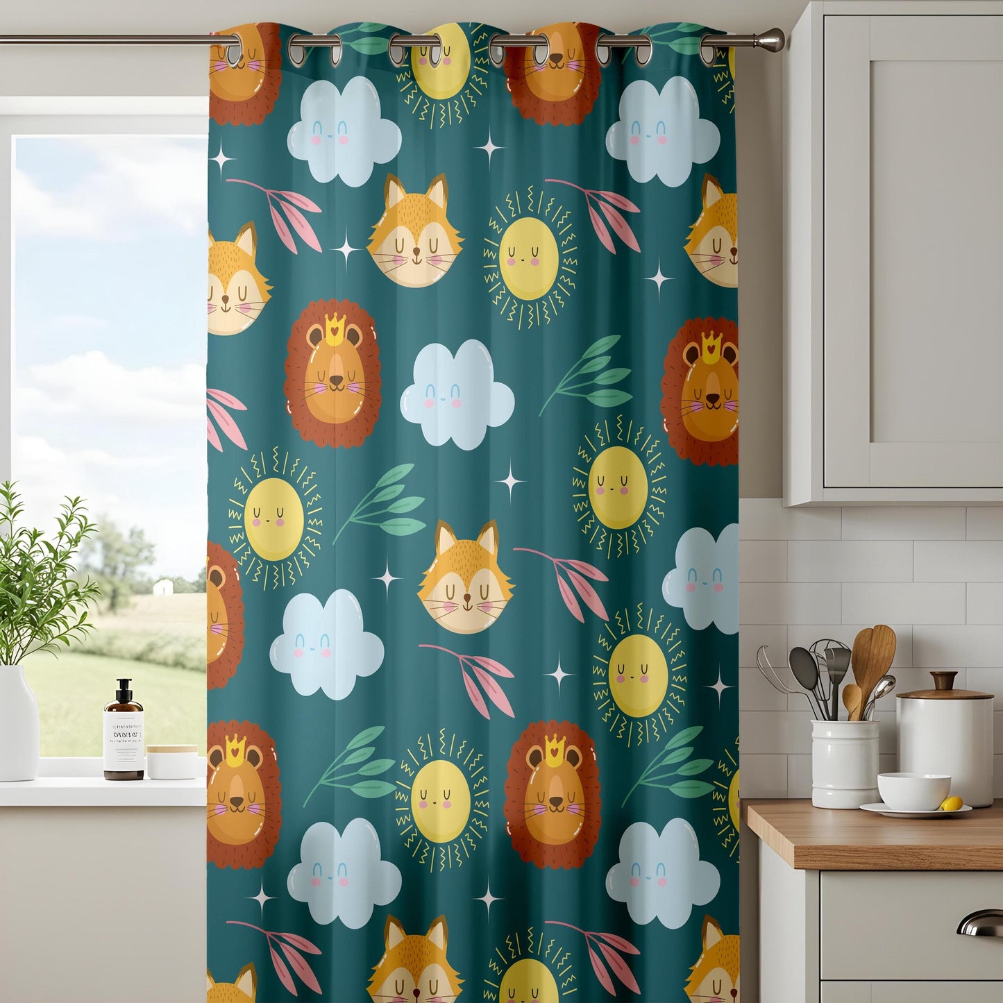 Onay Cute Animal Kids Curtains – Colorful Lion & Fox Print Drapes for Playful Nursery and Baby Room