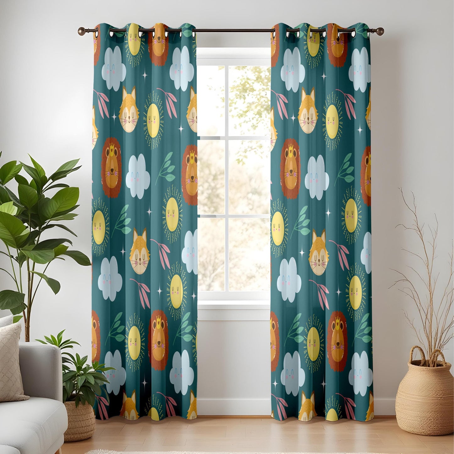 Onay Cute Animal Kids Curtains – Colorful Lion & Fox Print Drapes for Playful Nursery and Baby Room