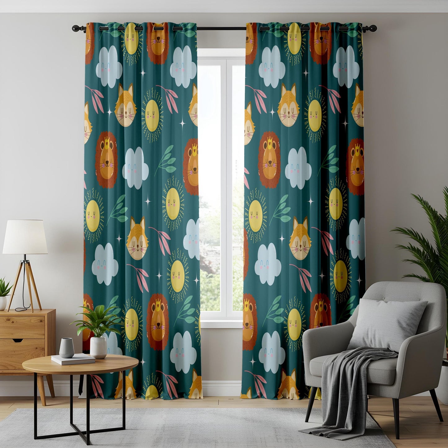 Onay Cute Animal Kids Curtains – Colorful Lion & Fox Print Drapes for Playful Nursery and Baby Room