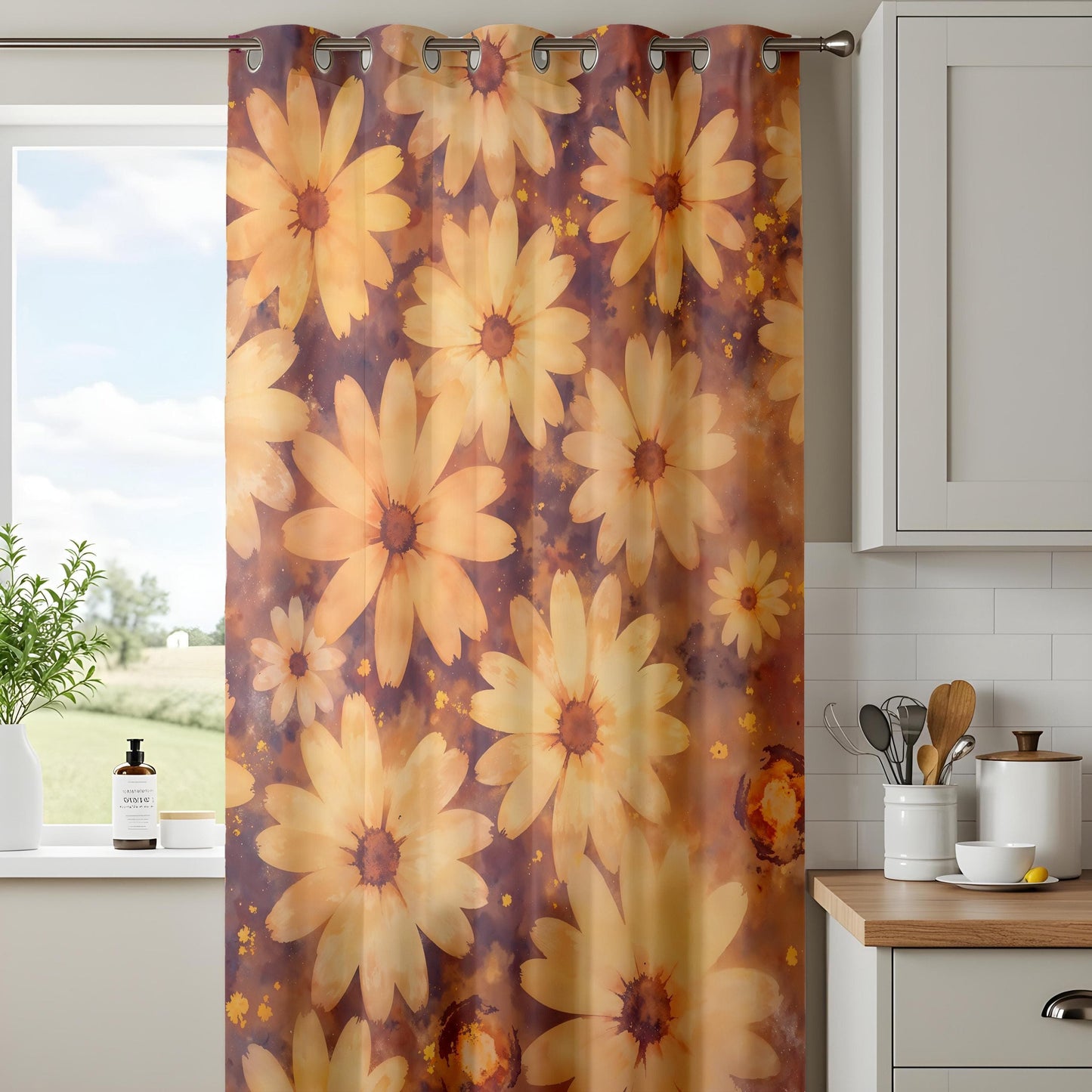 Onay Daisy Floral Curtains for Living Room, Warm Retro Flower Drapes