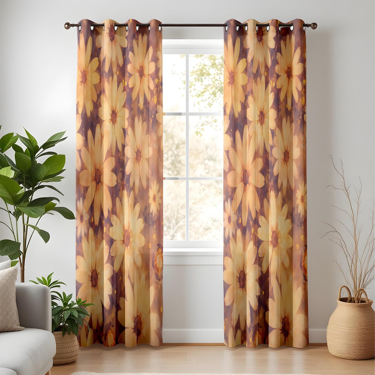 Onay Daisy Floral Curtains for Living Room, Warm Retro Flower Drapes
