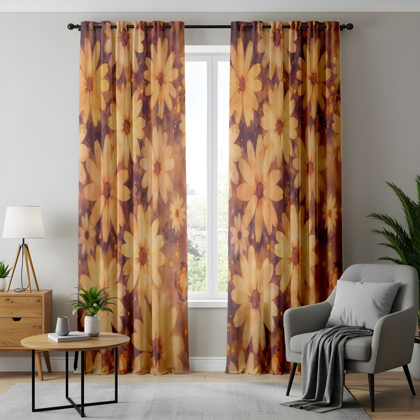 Onay Daisy Floral Curtains for Living Room, Warm Retro Flower Drapes
