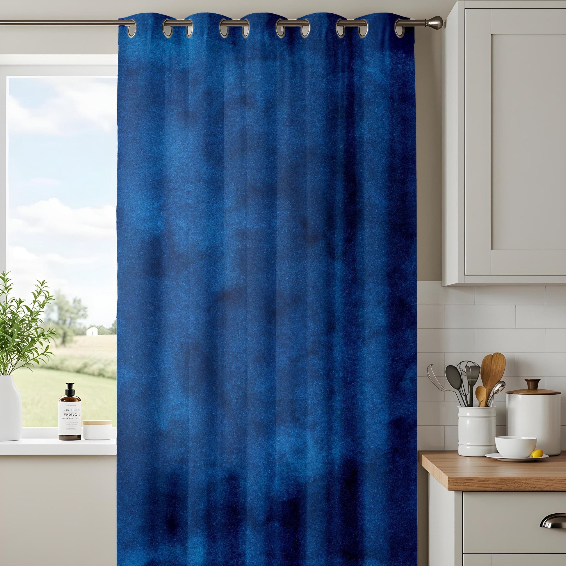Onay Dark Blue Ombre Kitchen Curtains, Soft Textured Watercolor Design