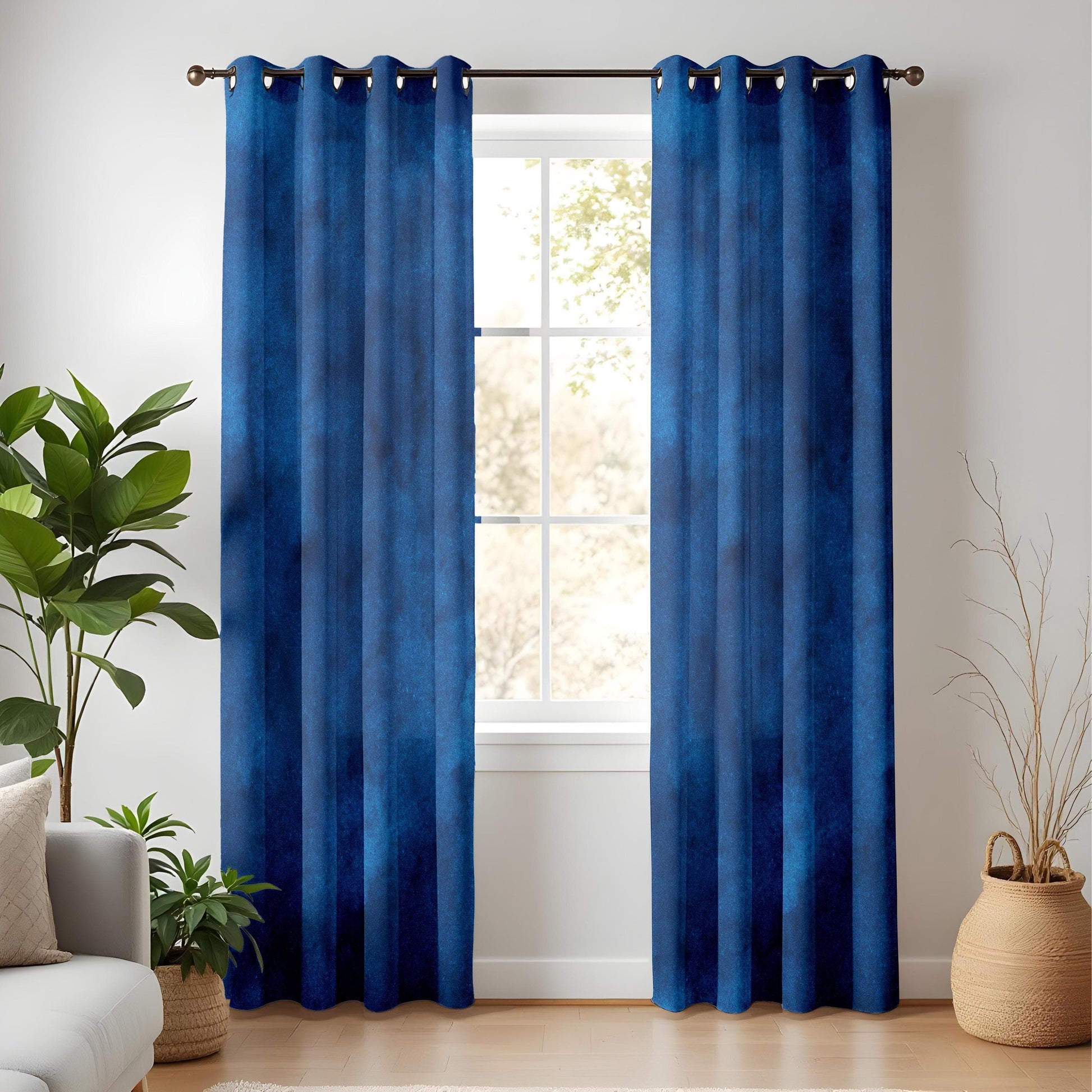 Onay Dark Blue Ombre Kitchen Curtains, Soft Textured Watercolor Design
