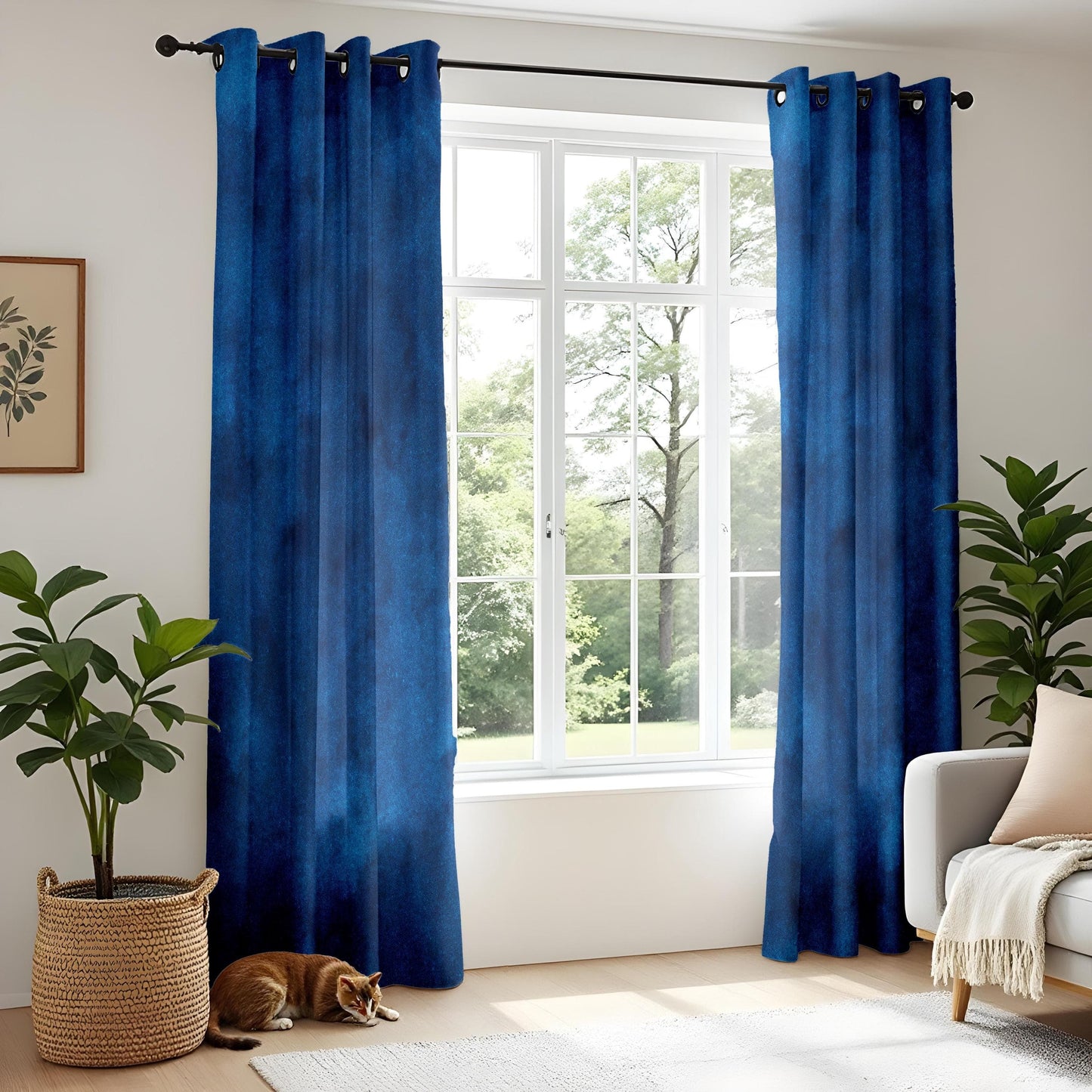 Onay Dark Blue Ombre Kitchen Curtains, Soft Textured Watercolor Design