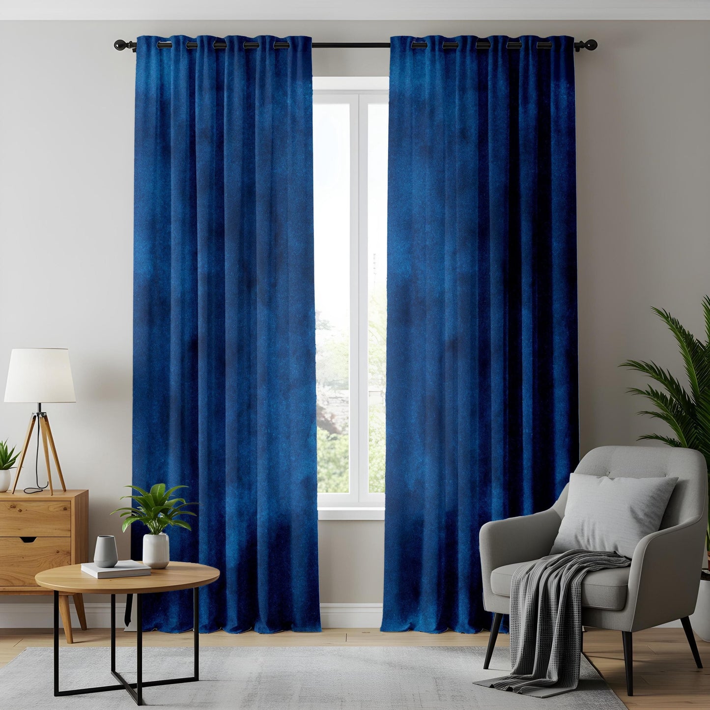 Onay Dark Blue Ombre Kitchen Curtains, Soft Textured Watercolor Design