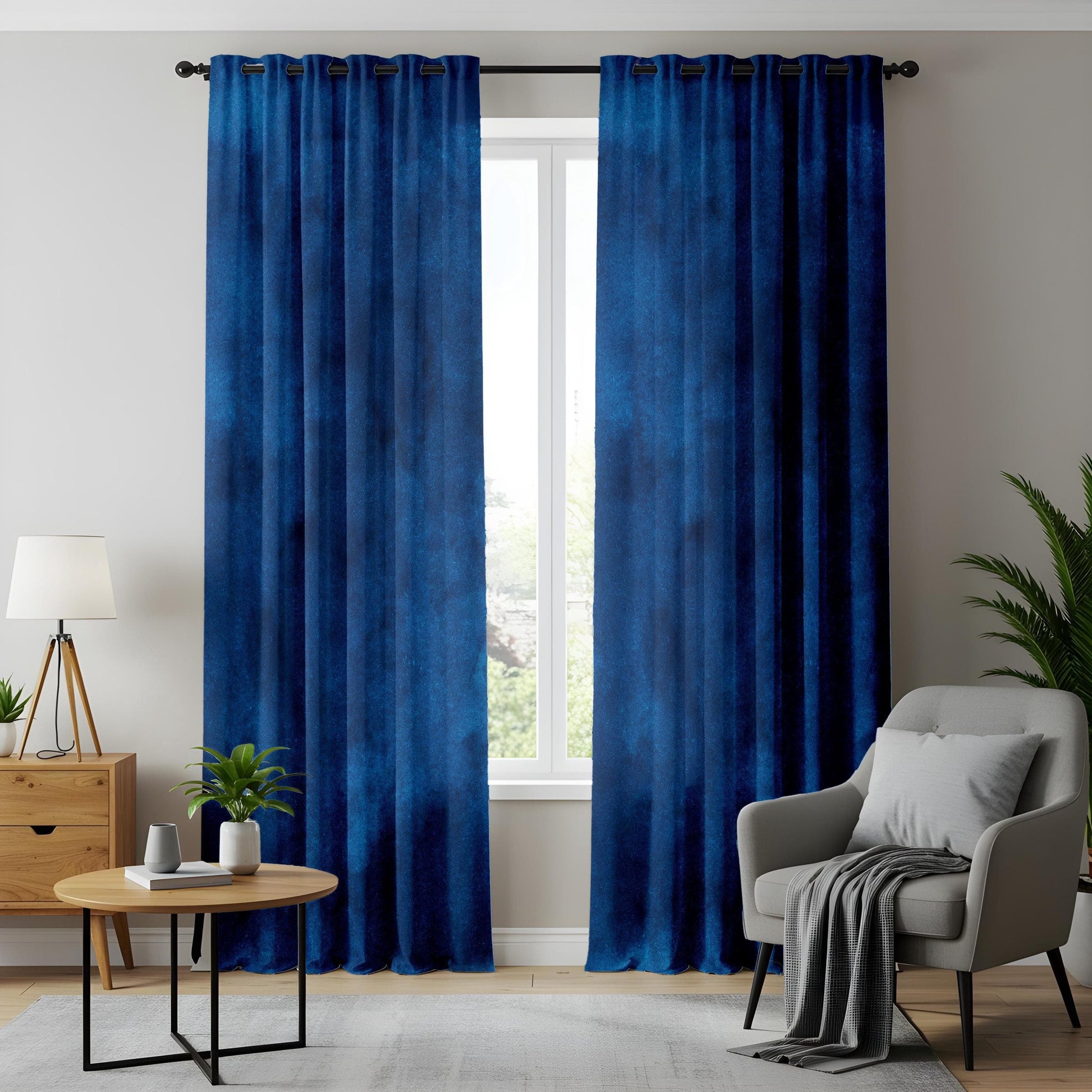 Onay Dark Blue Ombre Kitchen Curtains, Soft Textured Watercolor Design