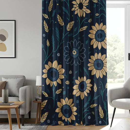 Onay Dark Sunflower Curtains, Navy & Gold Floral Drapes, Cozy Rustic Window Panels