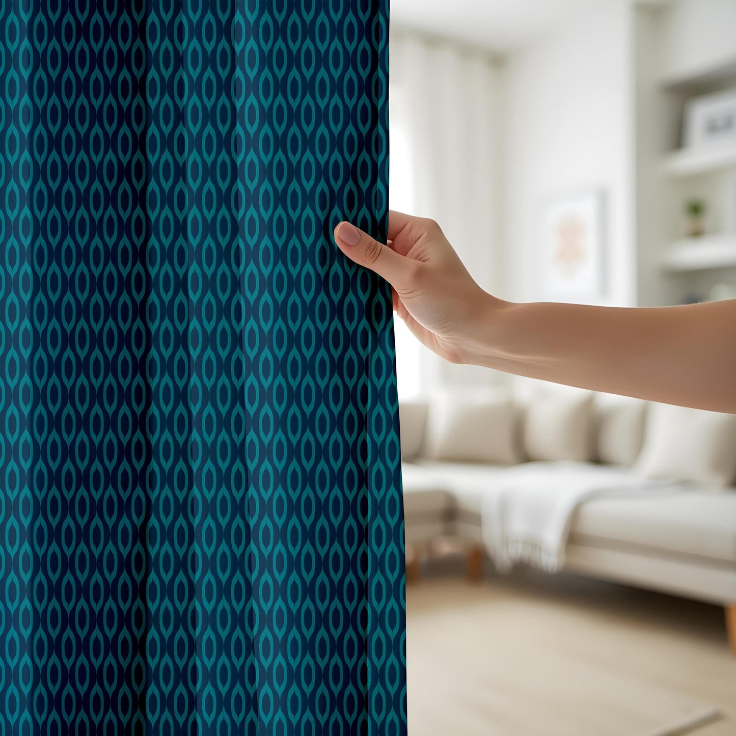 Onay Dark Teal Geometric Curtains – Modern Wavy Pattern Drapes