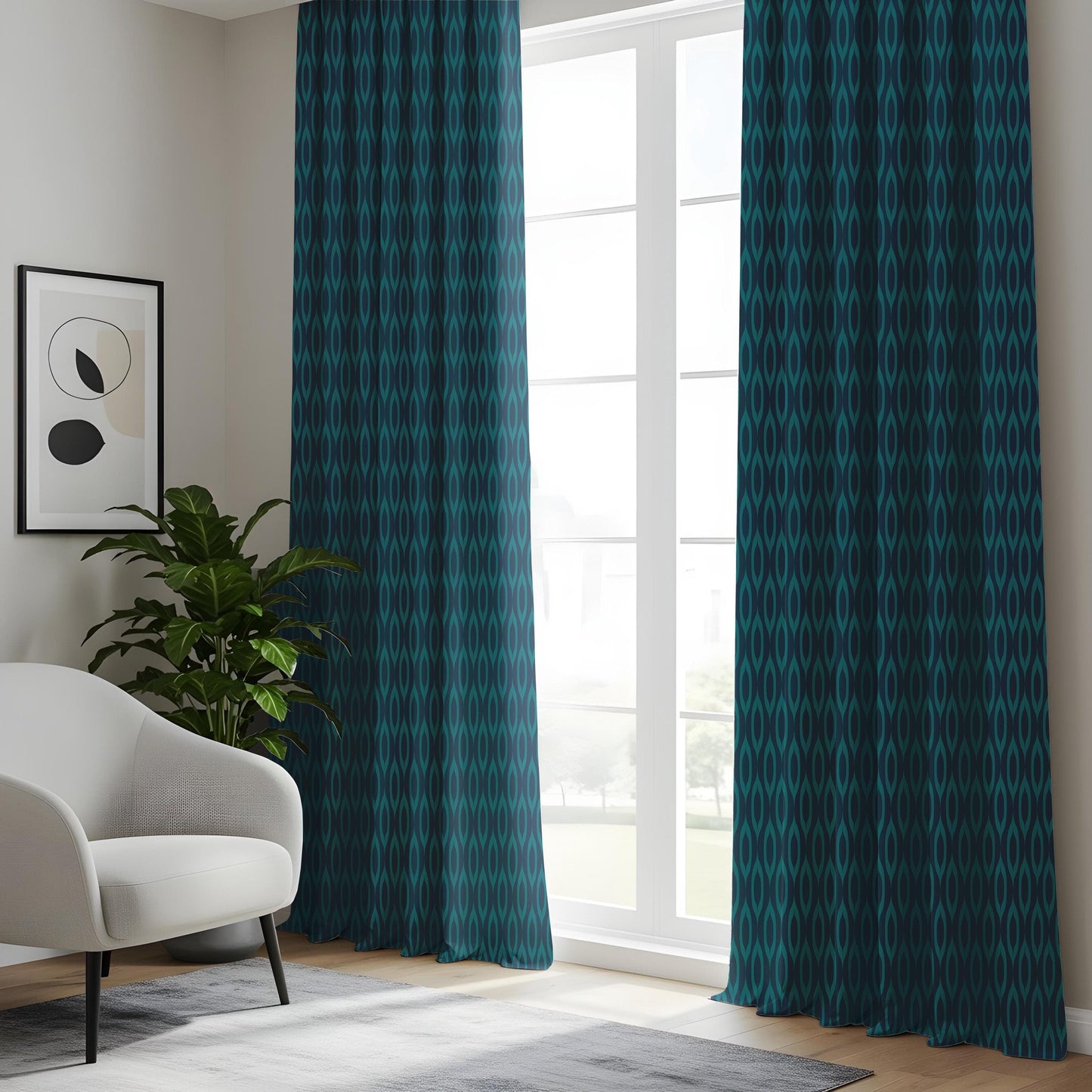 Onay Dark Teal Geometric Curtains – Modern Wavy Pattern Drapes