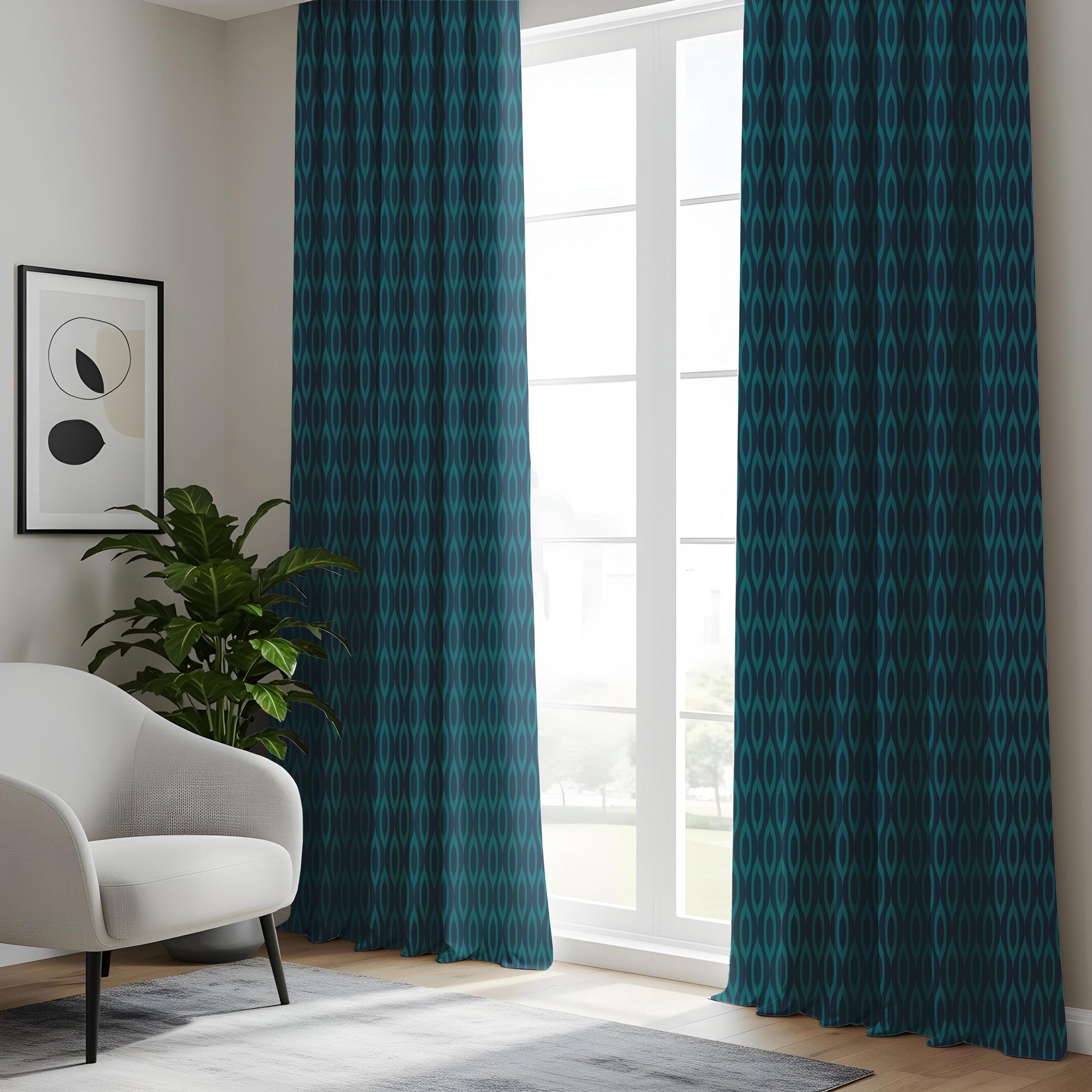 Onay Dark Teal Geometric Curtains – Modern Wavy Pattern Drapes
