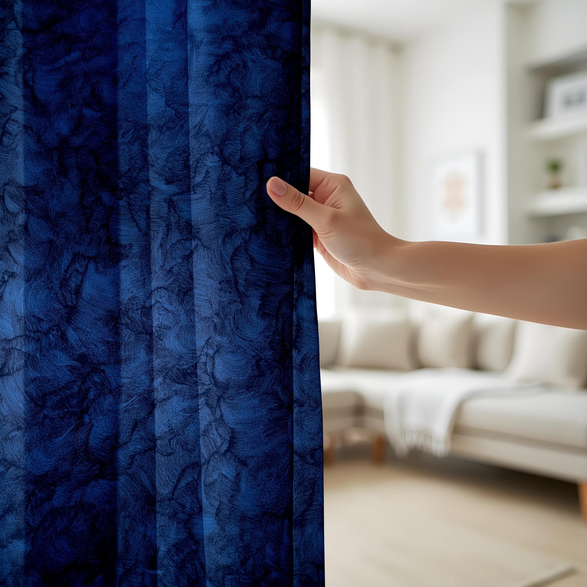 Onay Deep Blue Textured Living Room Curtains, Modern Abstract Painted Drapes