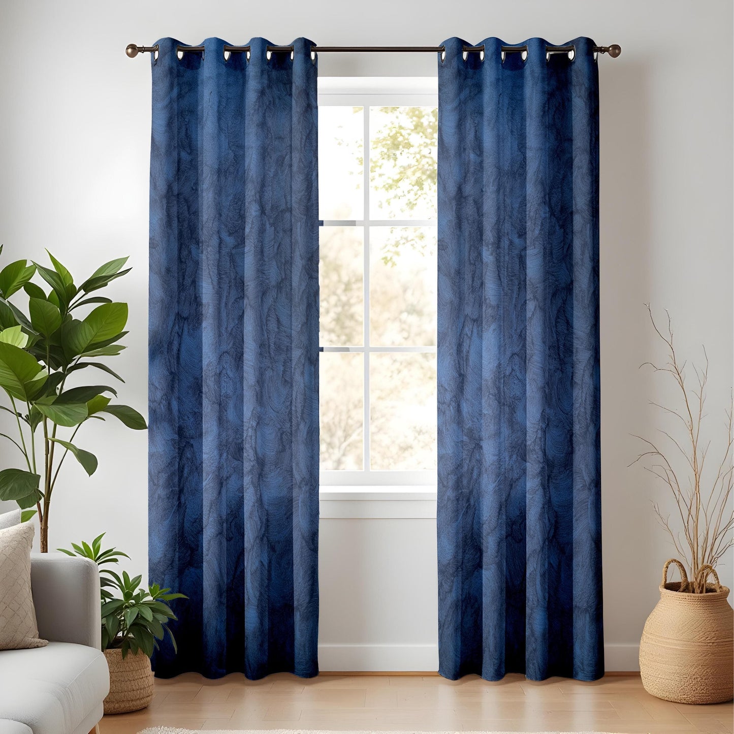 Onay Deep Blue Textured Living Room Curtains, Modern Abstract Painted Drapes