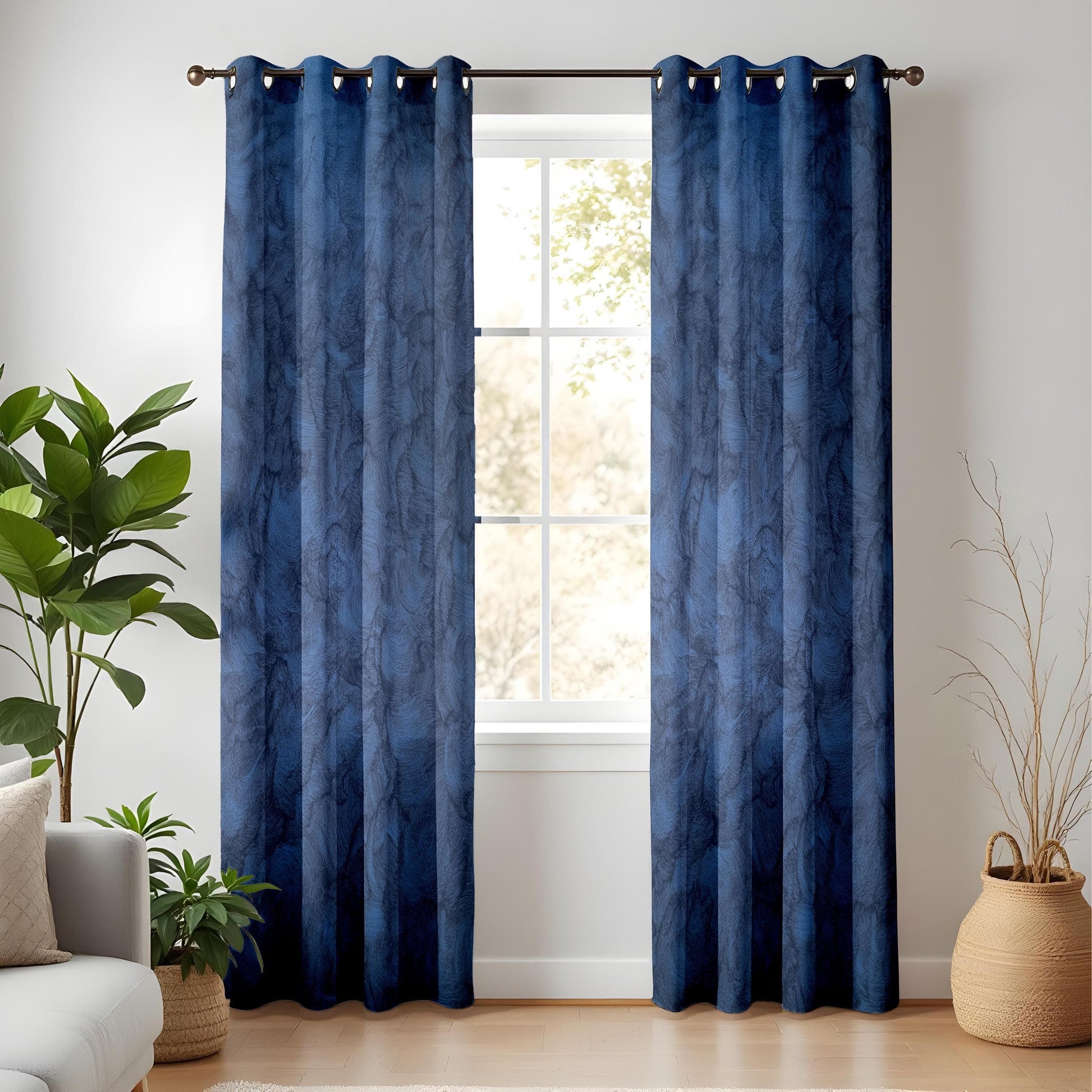 Onay Deep Blue Textured Living Room Curtains, Modern Abstract Painted Drapes