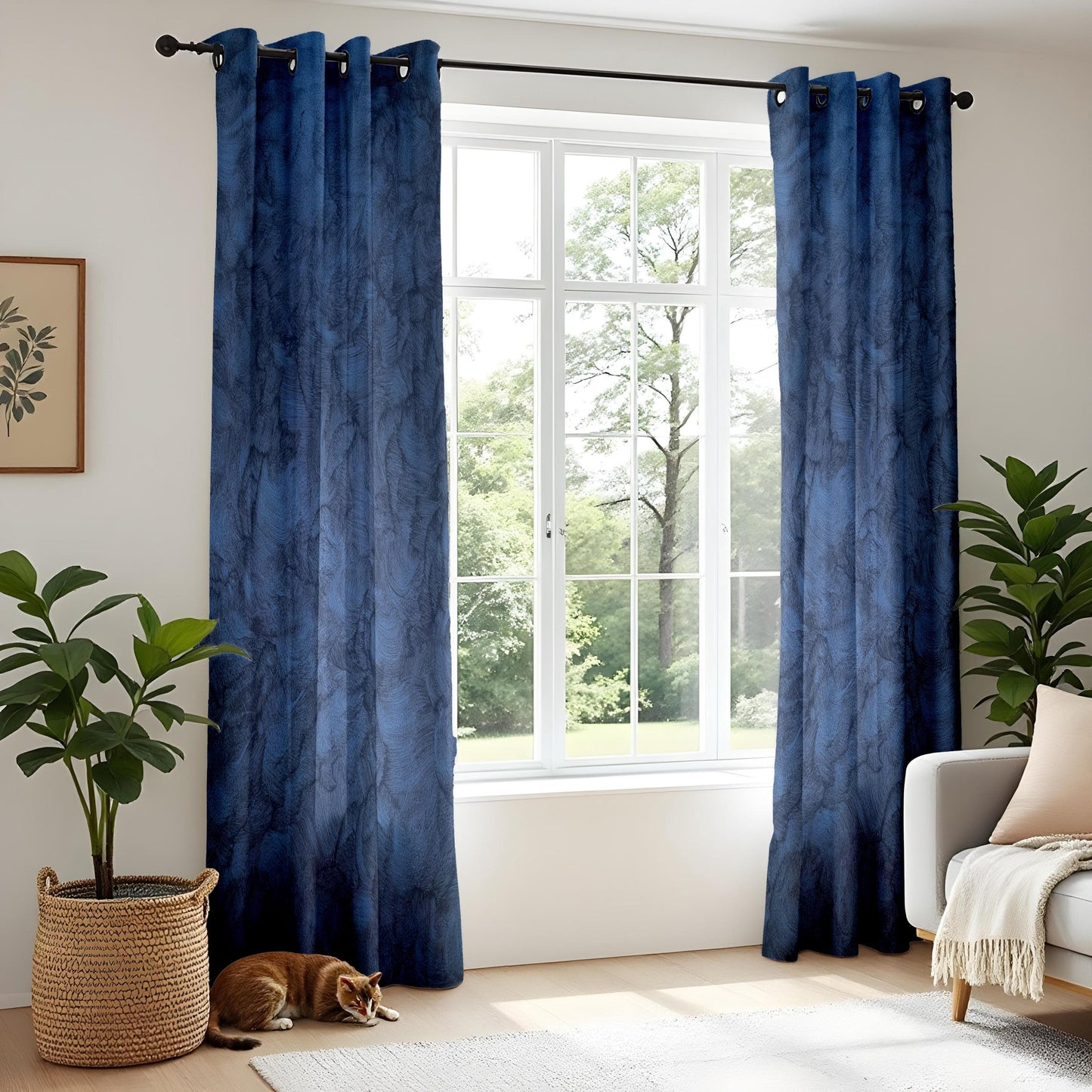 Onay Deep Blue Textured Living Room Curtains, Modern Abstract Painted Drapes